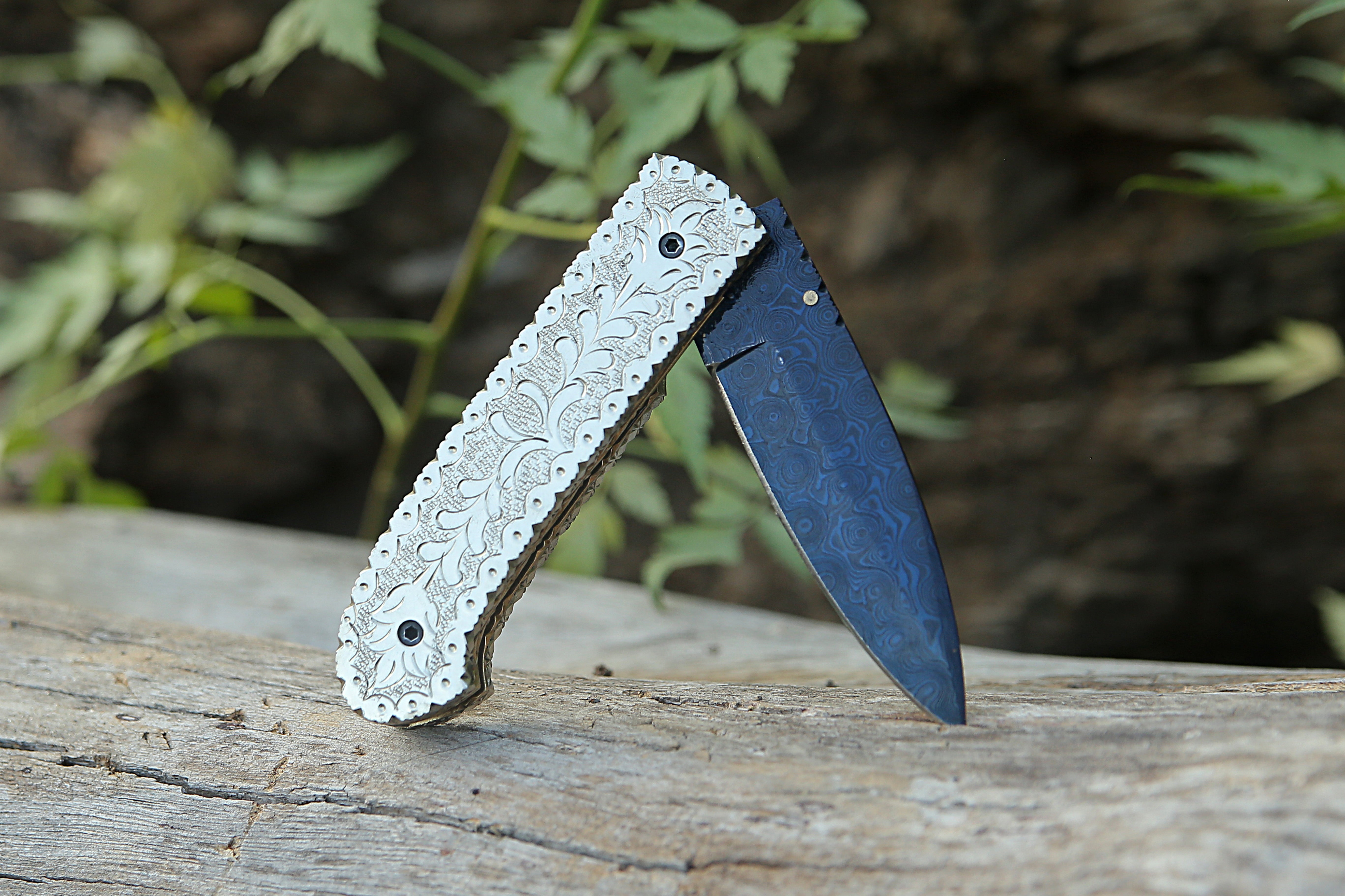 Handmade Blue Damascus Steel Liner Lock Folding Knife Brass Engraved Handle Pocket Knife Best camping Hunting Fishing EDC Tool Knife with Leather Pouch.