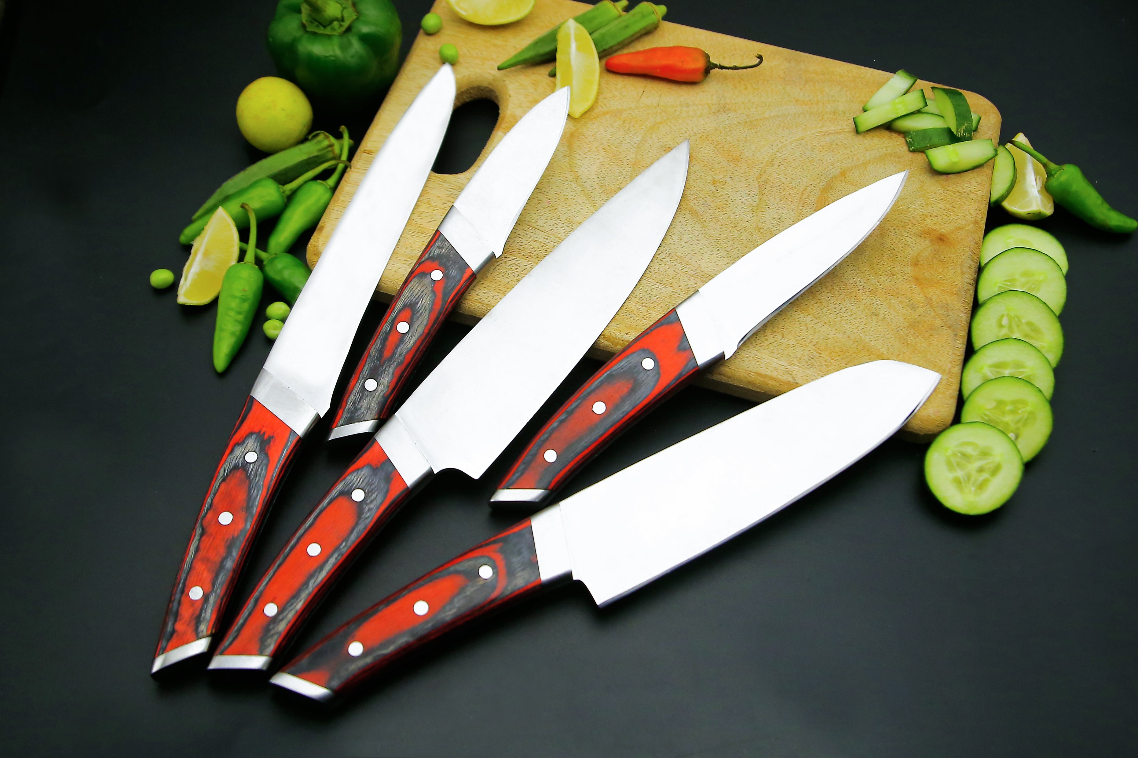 Personalized Handmade Damascus Steel Chef knife set of 5 PCS with Beautiful Resin Handle Kitchen Knife with Leather Kit.