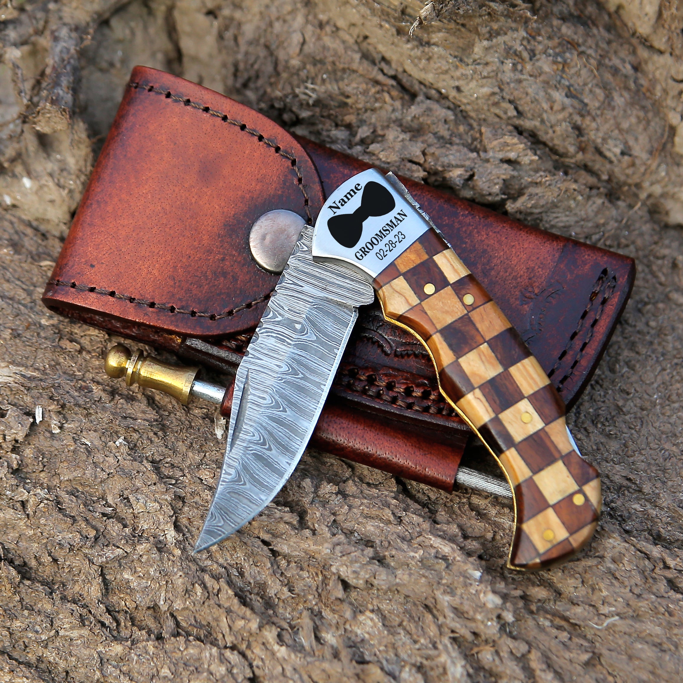 Rose wood Olivewood Damascus Steel Back Lock Pocket Knife With Stainless Steel Clips Camping Knife Personalized Hunting Knife EDC knife with Leather pouch.