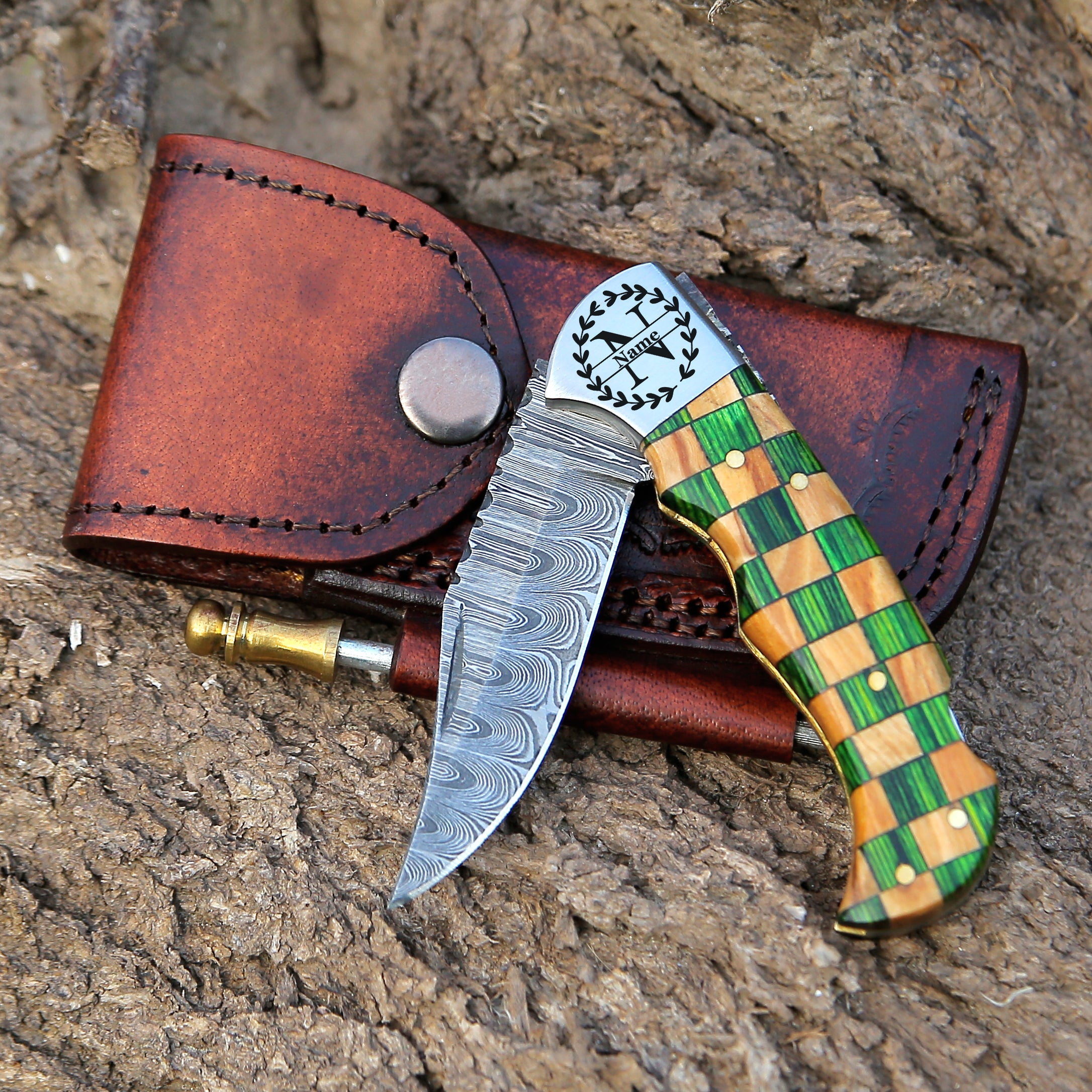 Handmade Damascus Pocket Knife Olivewood & Green wood Handle Folding Knife Best camping EDC Knife Back Lock Hunting Skinner Knife with Leather Pouch