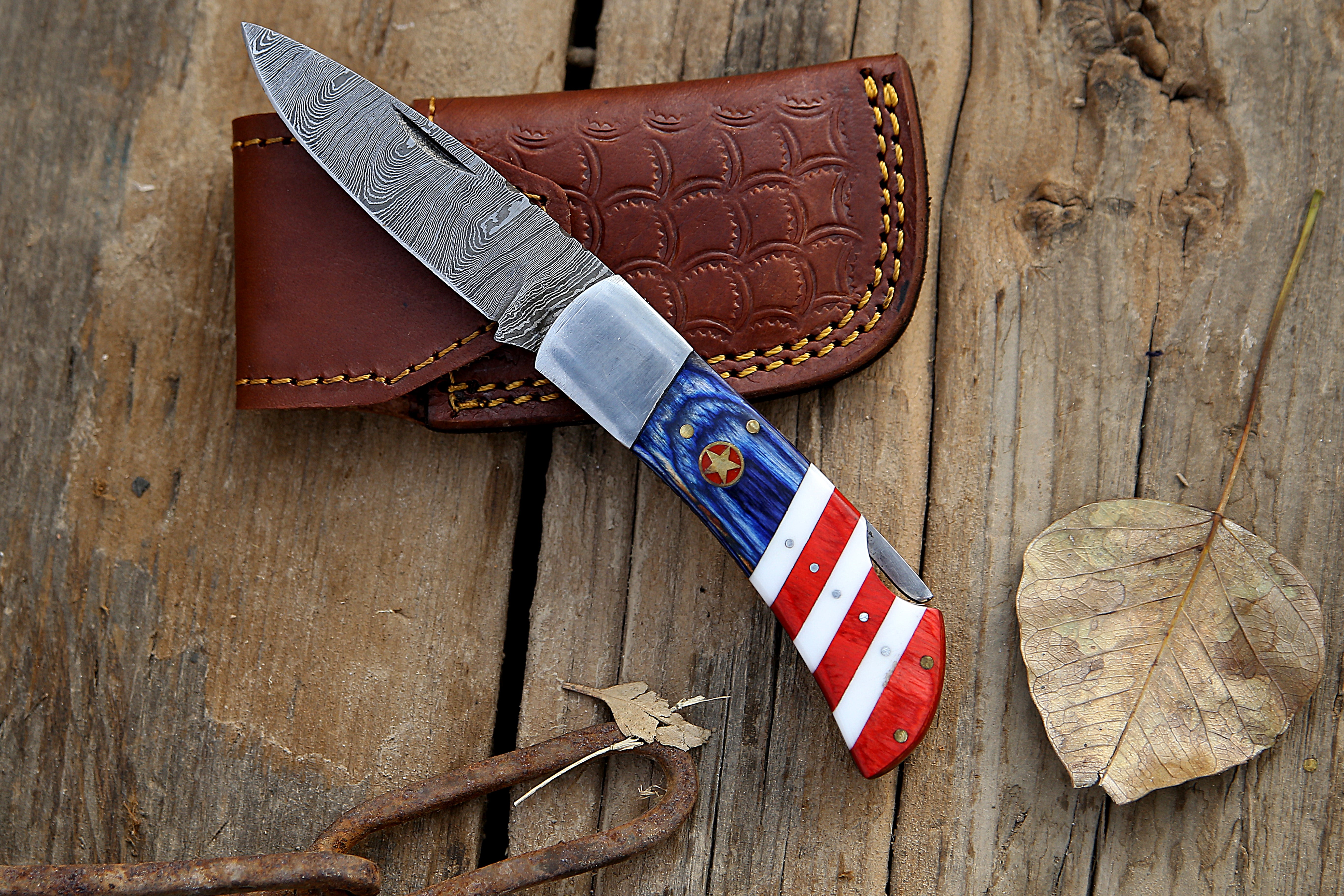 American Flag Handle Back Lock 6.8" Handmade Damascus steel Folding Knife Personalized Folding Knife Sharp cutting edge File work on the spine with Leather pouch.