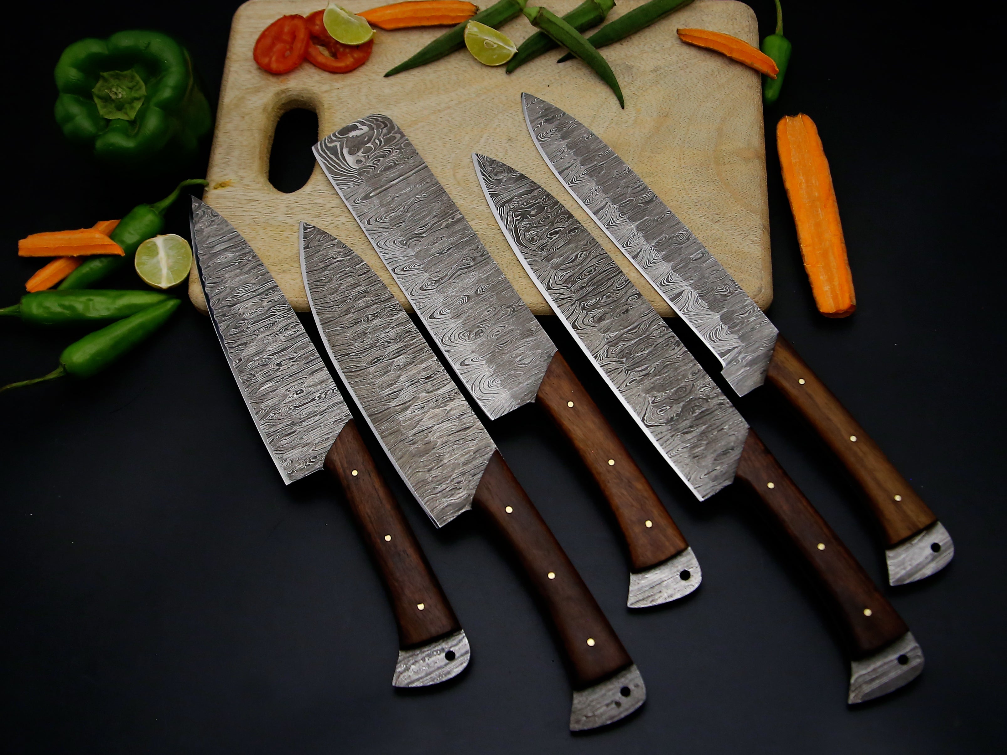 Best Selling Full Tang Rosewood Handle Damascus Steel Chef Kitchen Knife Set Of 5 PCS with Leather Kit file work on the blade sharp cutting edge .