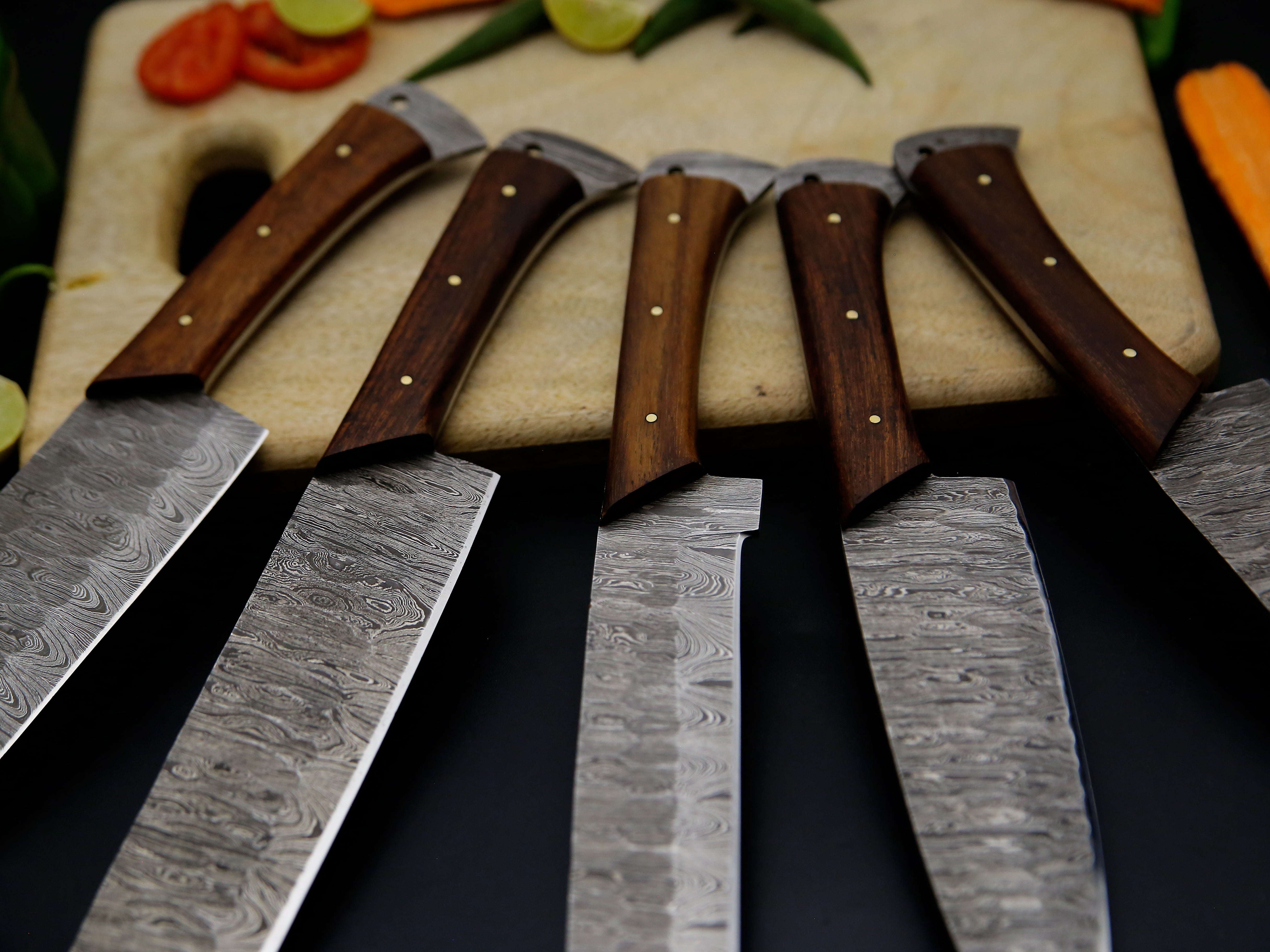 Best Selling Full Tang Rosewood Handle Damascus Steel Chef Kitchen Knife Set Of 5 PCS with Leather Kit file work on the blade sharp cutting edge .