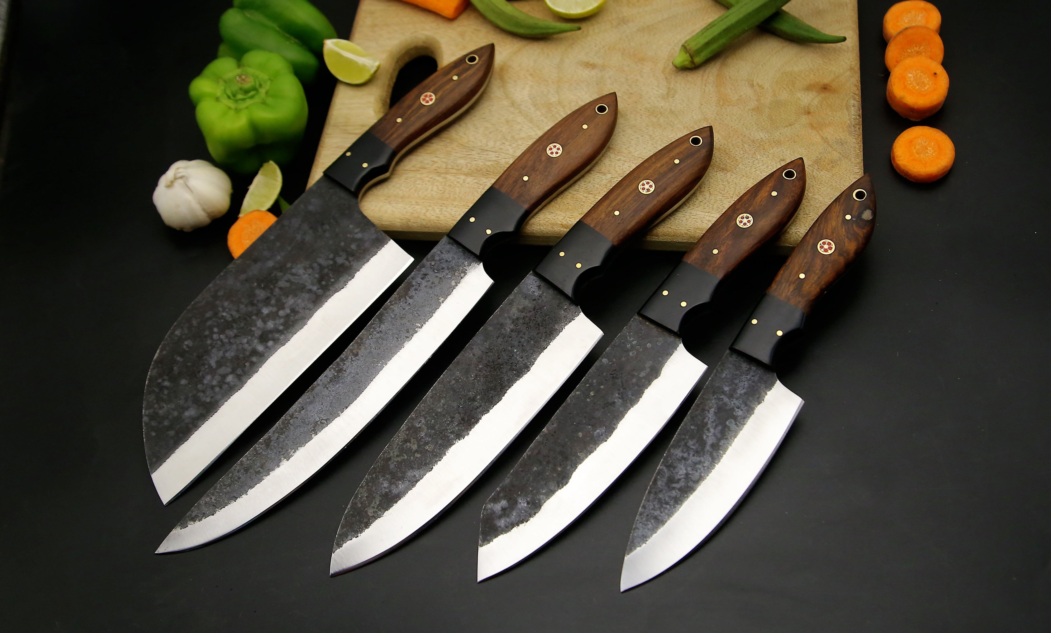 Best Selling Handmade High Carbon steel Chef Knife set of 5 PCS Rosewood Black Horn Handle Kitchen Knives Camping Hunting EDC Knives with Leather roll Kit.