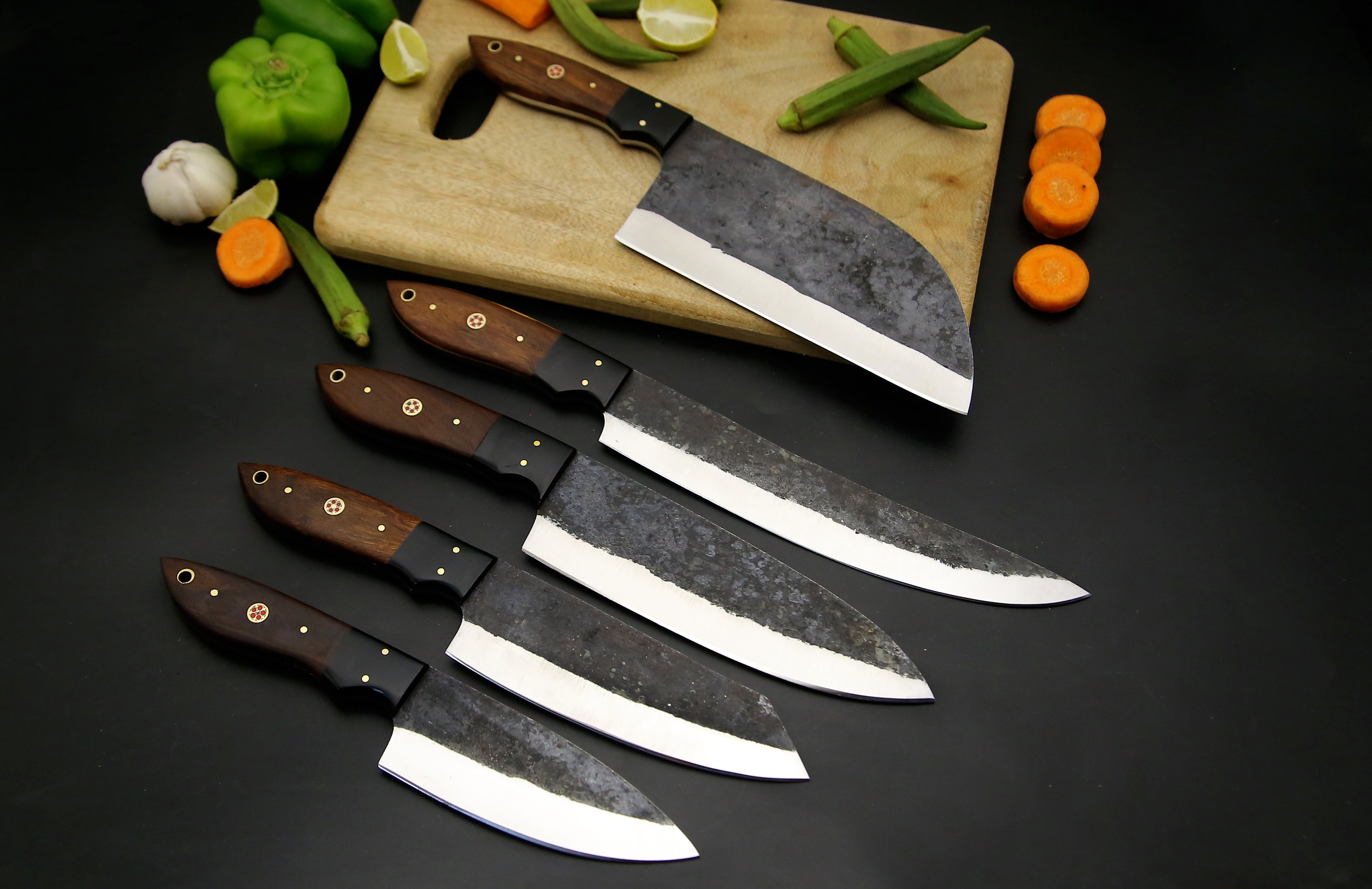 Best Selling Handmade High Carbon steel Chef Knife set of 5 PCS Rosewood Black Horn Handle Kitchen Knives Camping Hunting EDC Knives with Leather roll Kit.