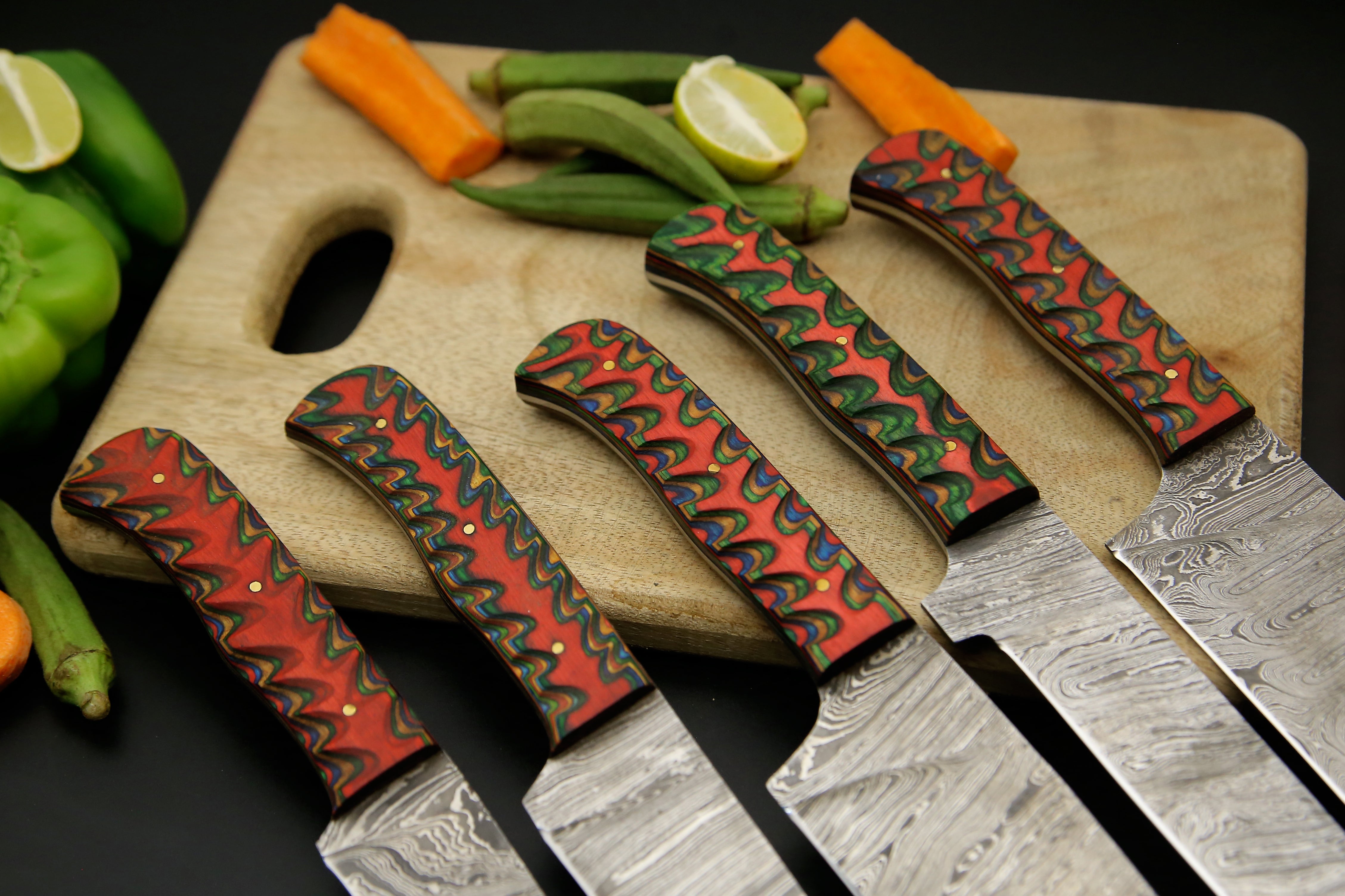 5 PCS Custom Handmade Damascus steel Chef Knife set With Red wood Kitchen Knives With Leather roll Kit Camping hunting EDC Outdoor Knives Sharp cutting Edge.