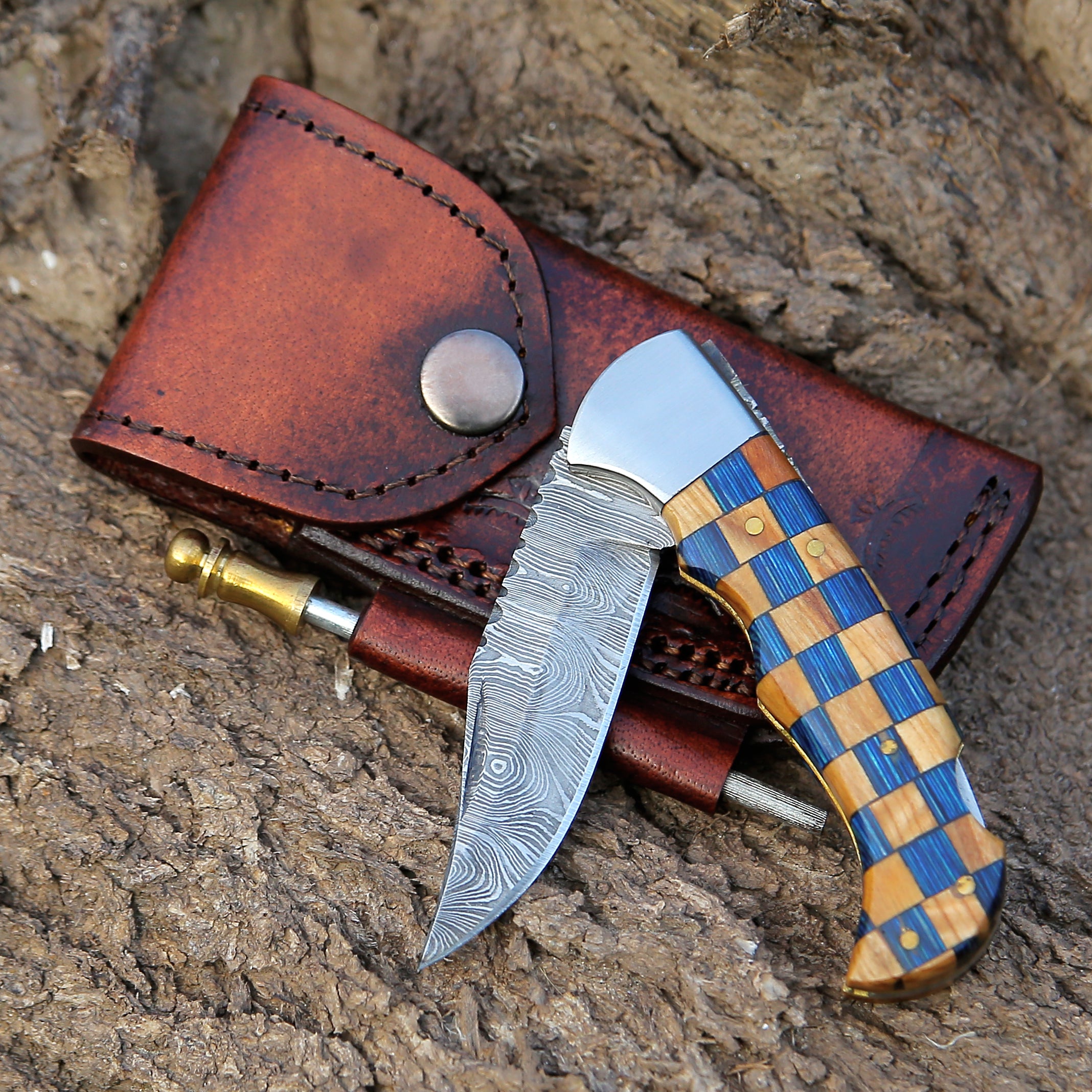 7" personalized Handmade Damascus steel Pocket Knife Multicolor Wood Handle Folding Knife Best for survival Camping Hunting fishing Tools Best Gift for Your Love once.