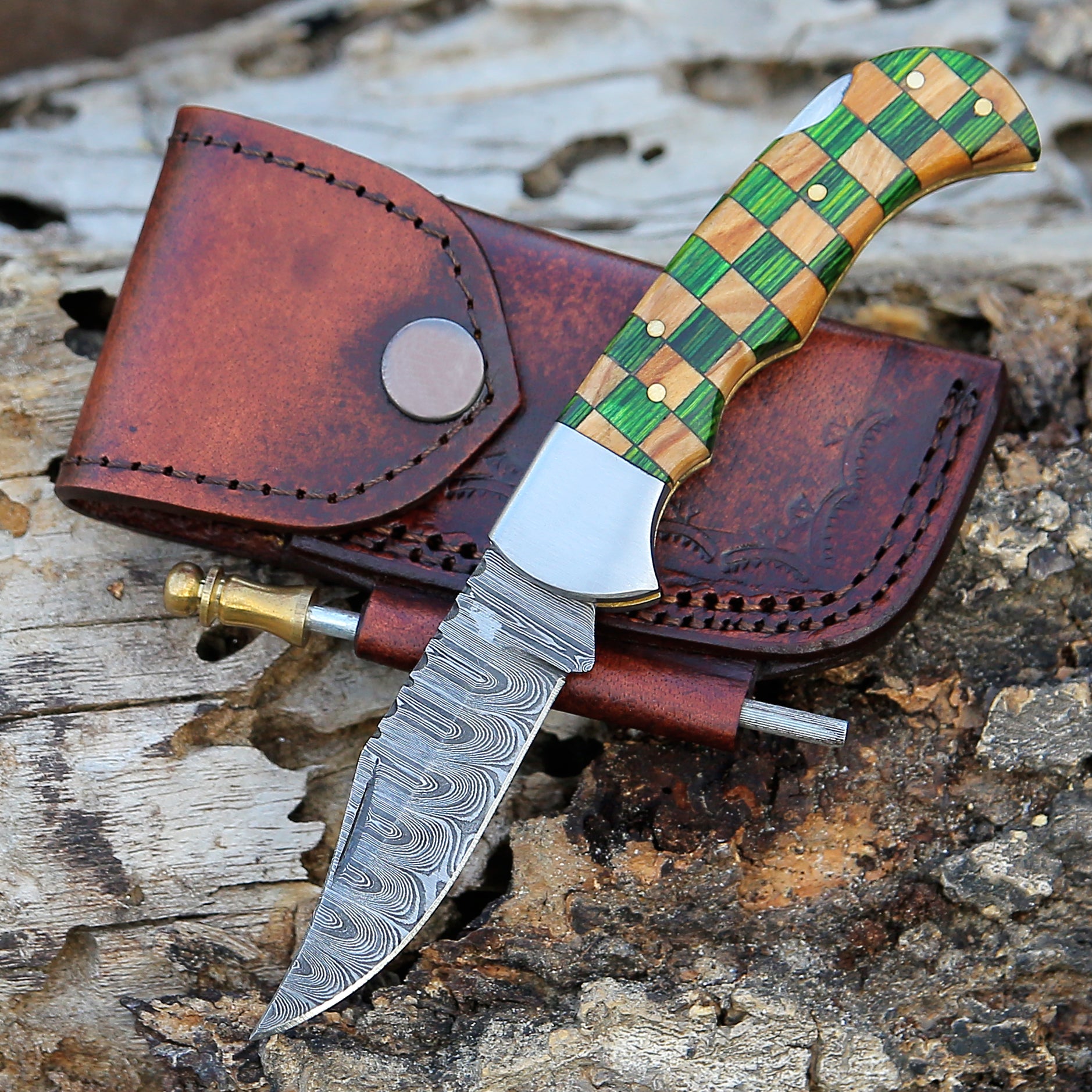 Handmade Damascus Pocket Knife Olivewood & Green wood Handle Folding Knife Best camping EDC Knife Back Lock Hunting Skinner Knife with Leather Pouch