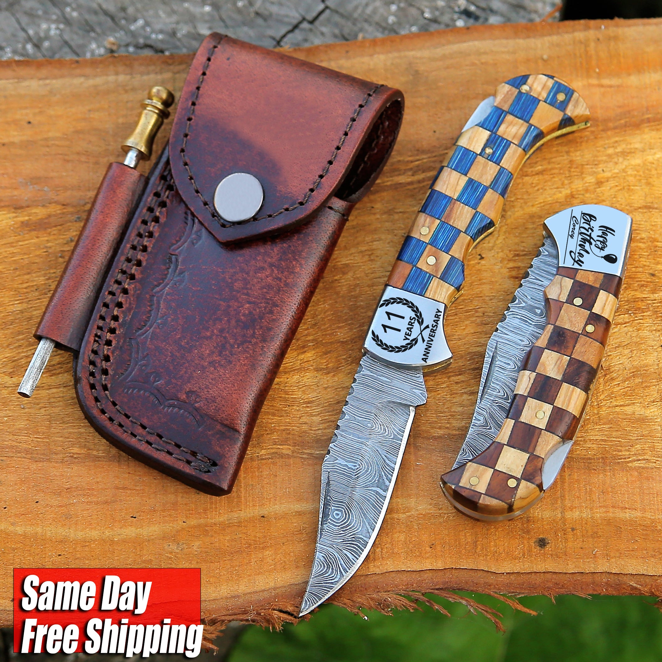 7" personalized Handmade Damascus steel Pocket Knife Multicolor Wood Handle Folding Knife Best for survival Camping Hunting fishing Tools Best Gift for Your Love once.