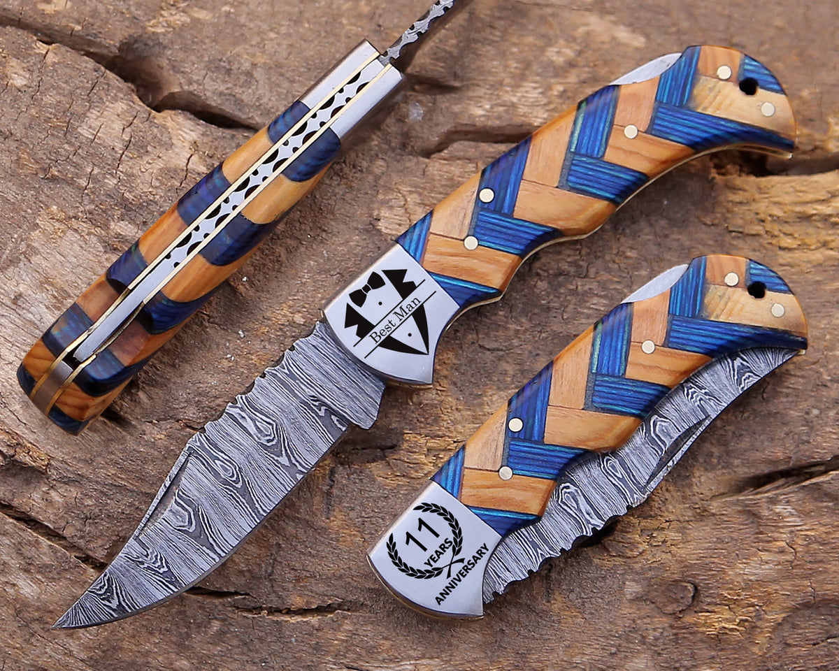 Personalized Handmade Damascus steel Back Lock Pocket Knife Blue olive wood handle Folding knife sharp edge come with leather sheath.