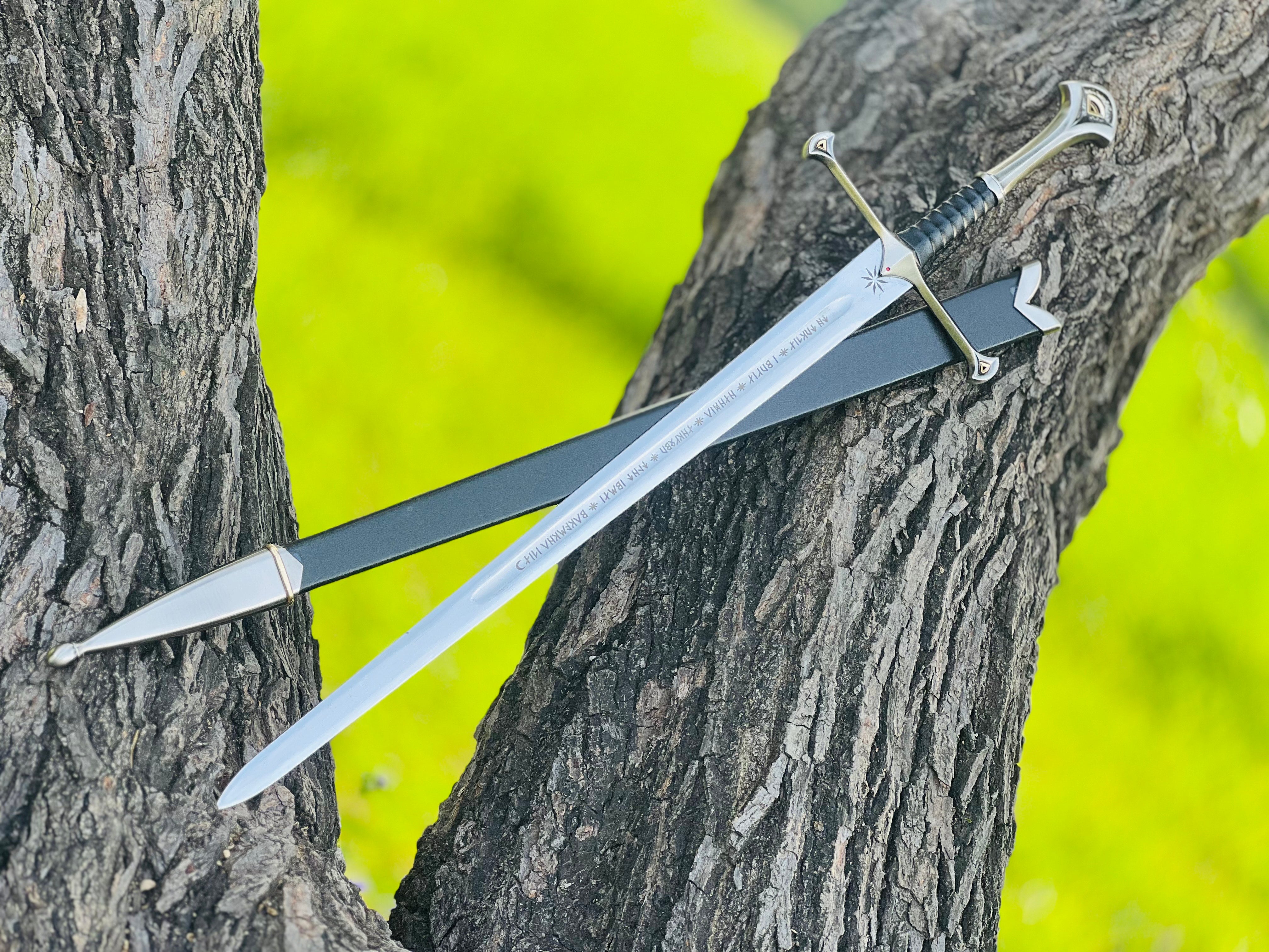Handmade Anduril Fantasy Sword with Engraved Blade, Medieval Decorative Sword for Display & Gift With Wall Hung Stand