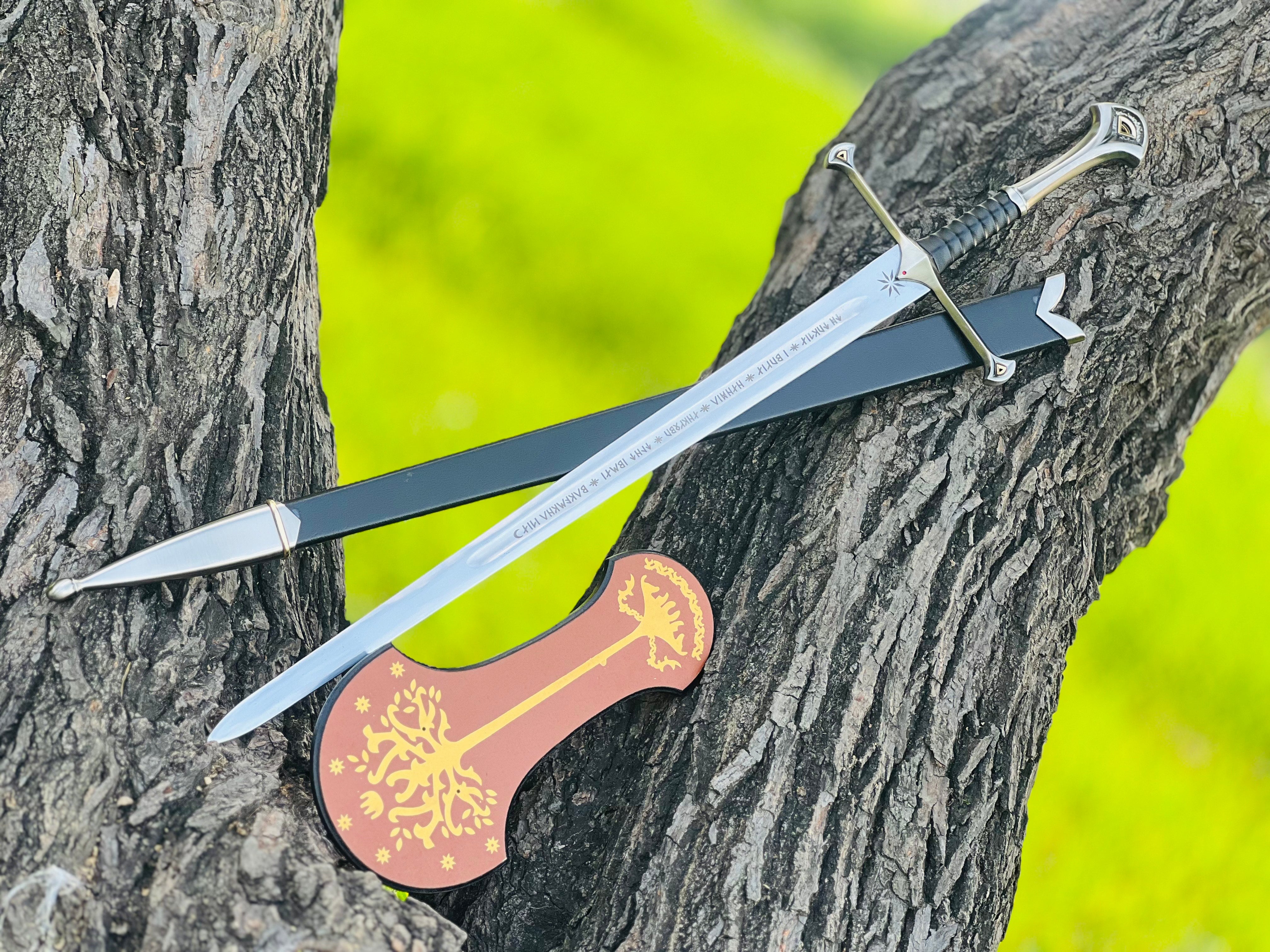 Handmade Anduril Fantasy Sword with Engraved Blade, Medieval Decorative Sword for Display & Gift With Wall Hung Stand