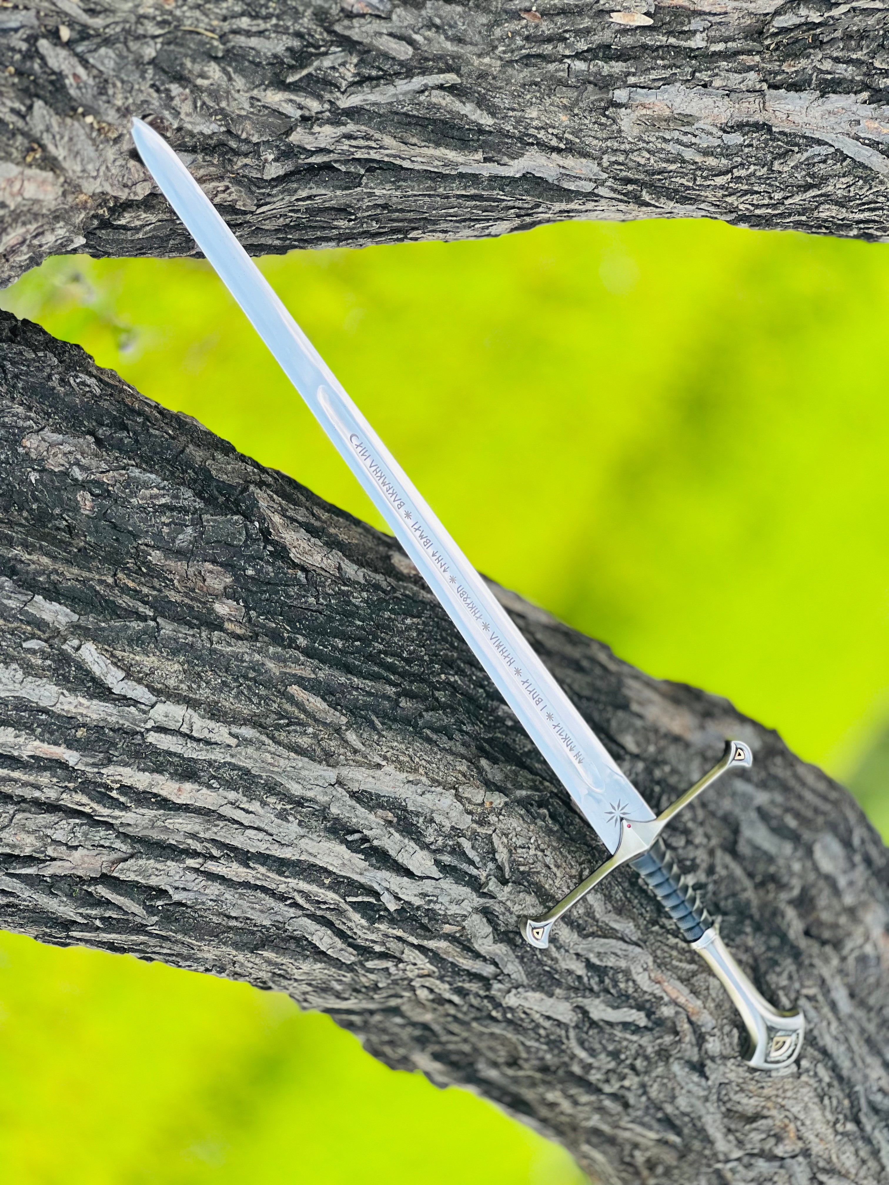 Handmade Anduril Fantasy Sword with Engraved Blade, Medieval Decorative Sword for Display & Gift With Wall Hung Stand
