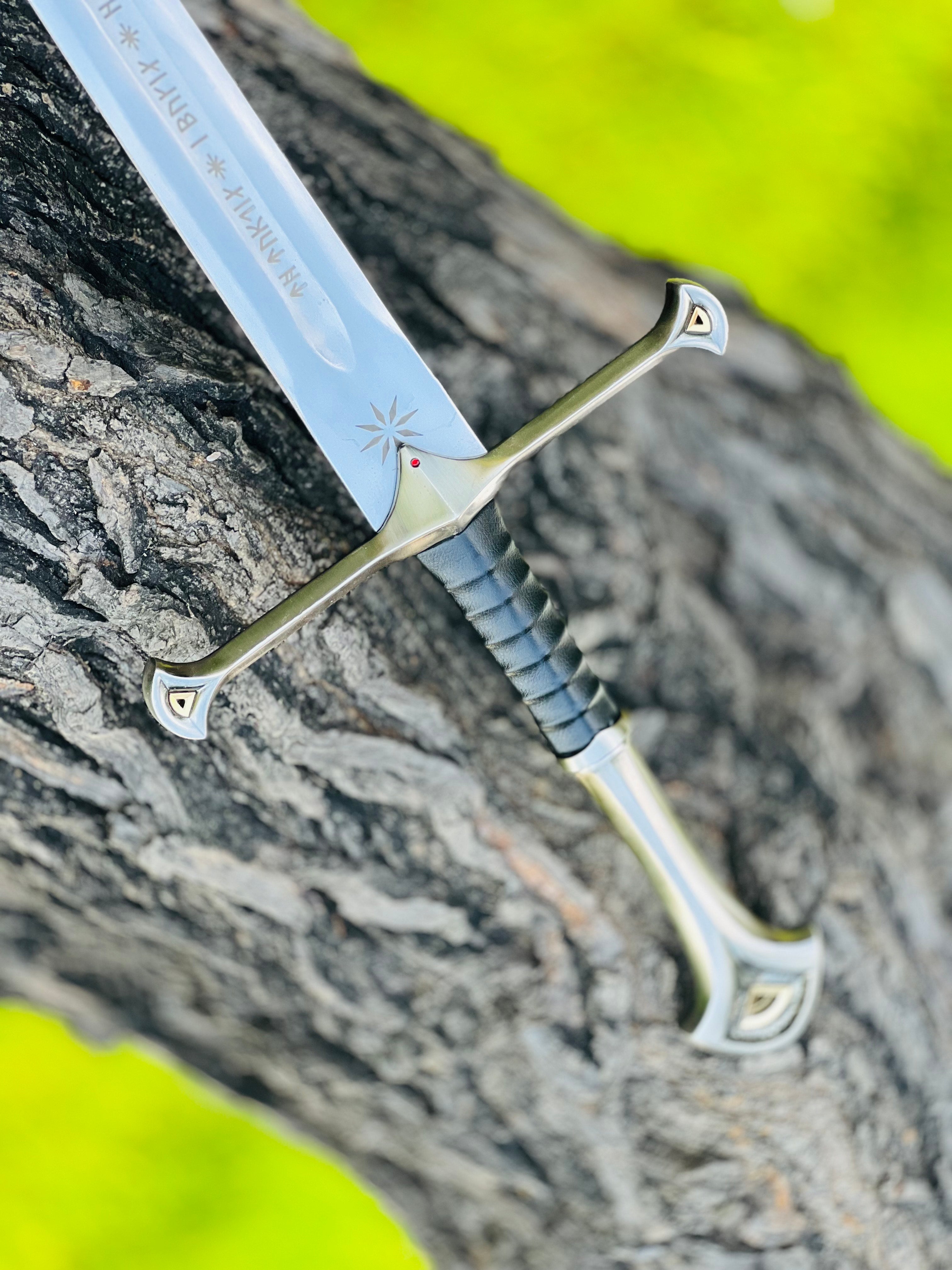 Handmade Anduril Fantasy Sword with Engraved Blade, Medieval Decorative Sword for Display & Gift With Wall Hung Stand
