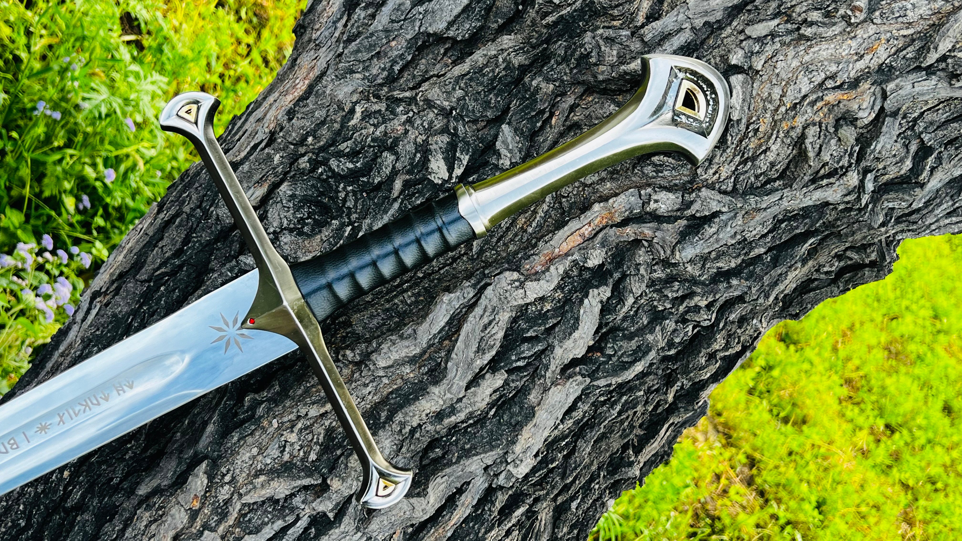 Handmade Anduril Fantasy Sword with Engraved Blade, Medieval Decorative Sword for Display & Gift With Wall Hung Stand