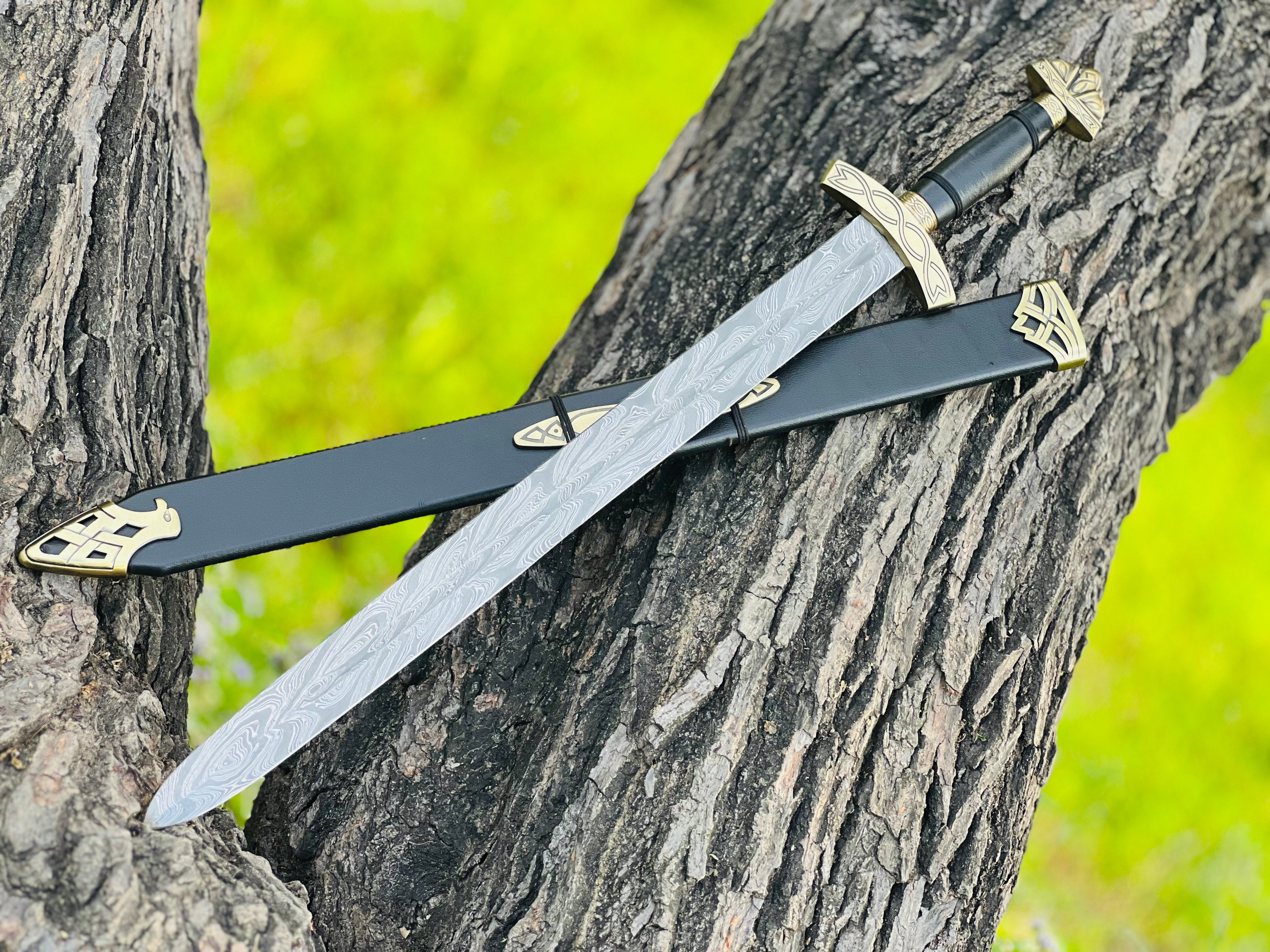 Handmade Damascus Steel Sword with Engraved Blade, Medieval Decorative Sword for Display & Gift