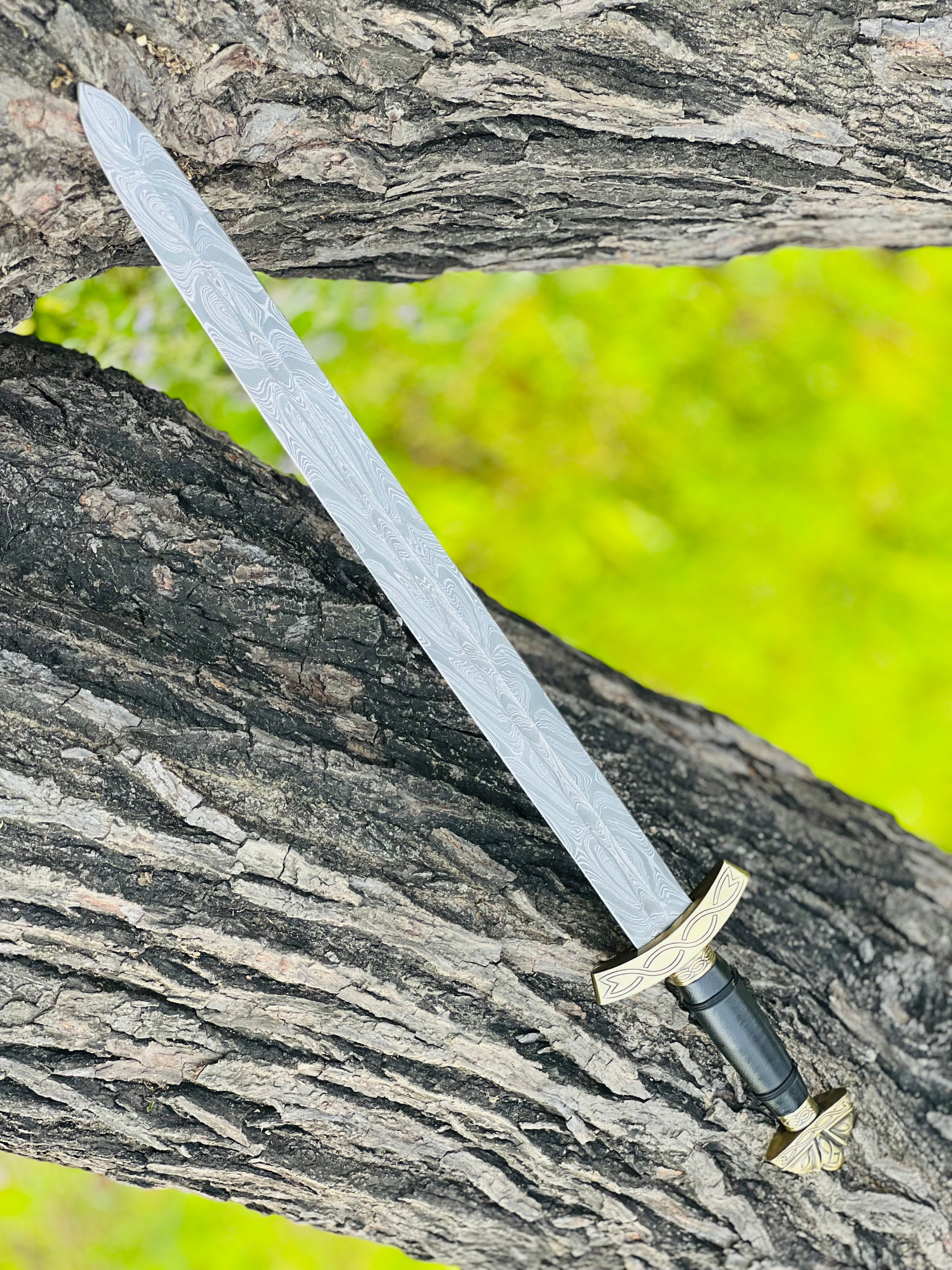 Handmade Damascus Steel Sword with Engraved Blade, Medieval Decorative Sword for Display & Gift