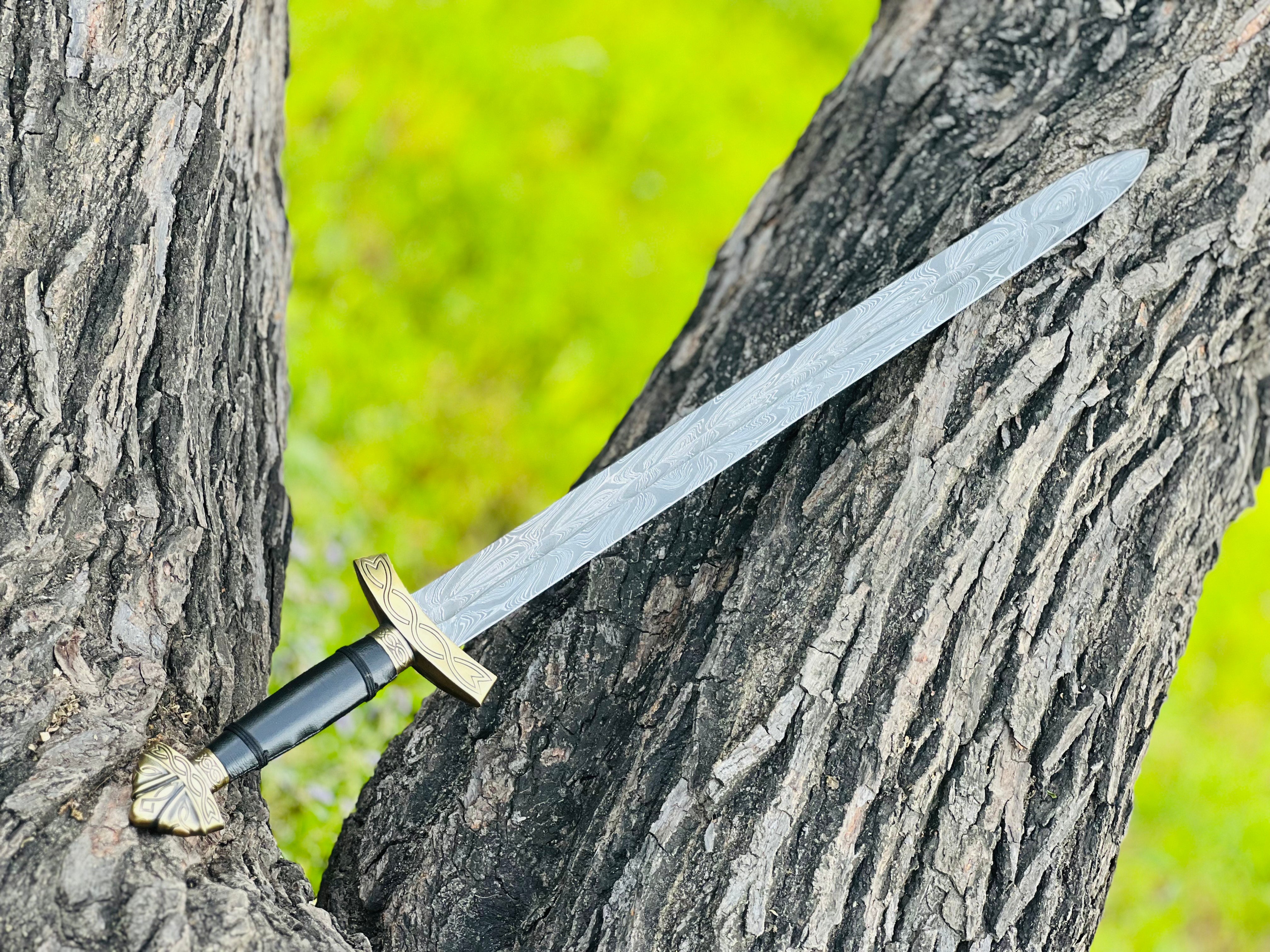 Handmade Damascus Steel Sword with Engraved Blade, Medieval Decorative Sword for Display & Gift