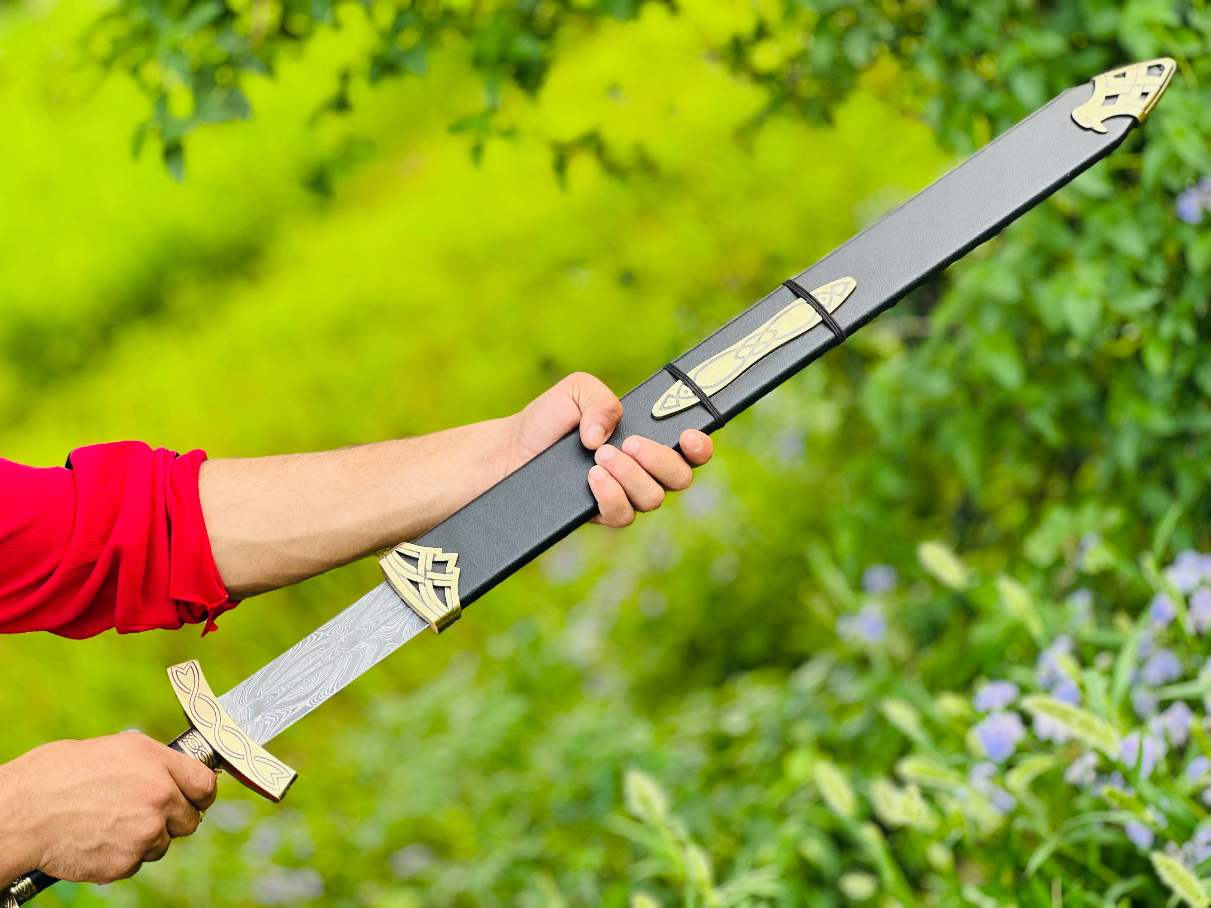Handmade Damascus Steel Sword with Engraved Blade, Medieval Decorative Sword for Display & Gift