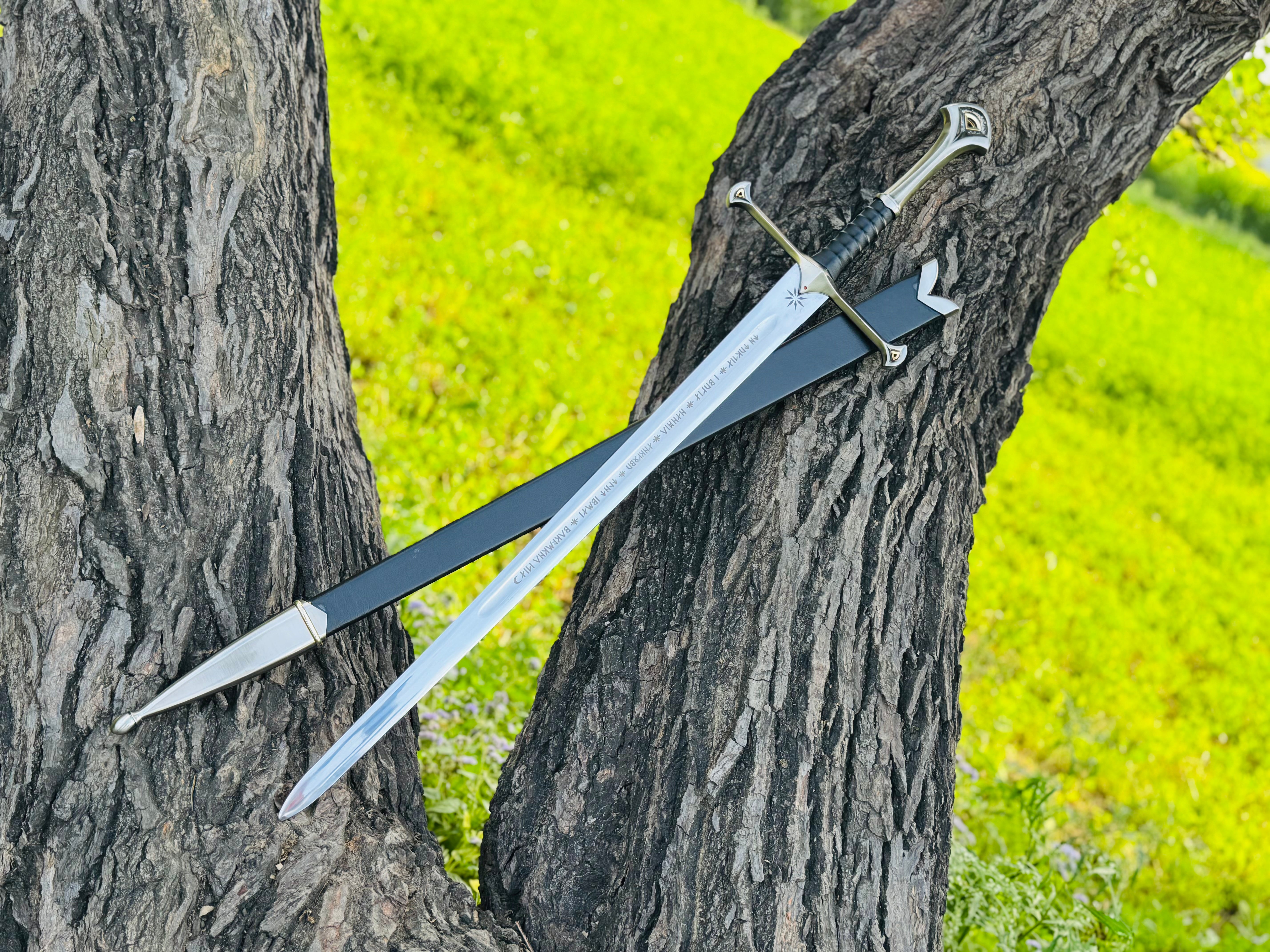 Handmade Anduril Fantasy Sword with Engraved Blade, Medieval Decorative Sword for Display & Gift With Wall Hung Stand