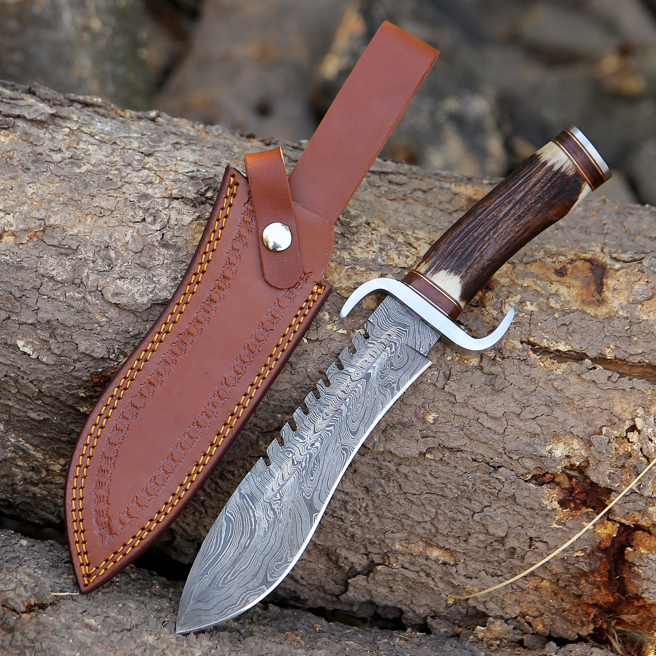 Stag Horn Handle Big Bowie Damascus Steel Hunting camping Knife with Leather Pouch