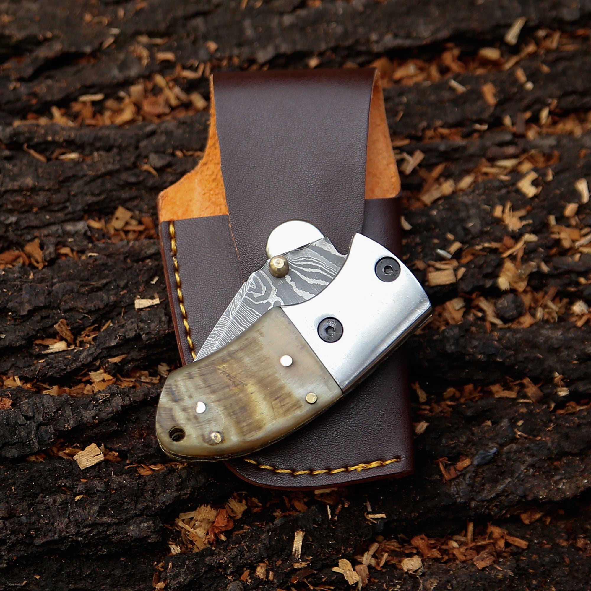 Handmade Damascus Mini Pocket Knife, Ram Horn Handle, Small Folding Knife, Groomsman Gift Birthday Gift