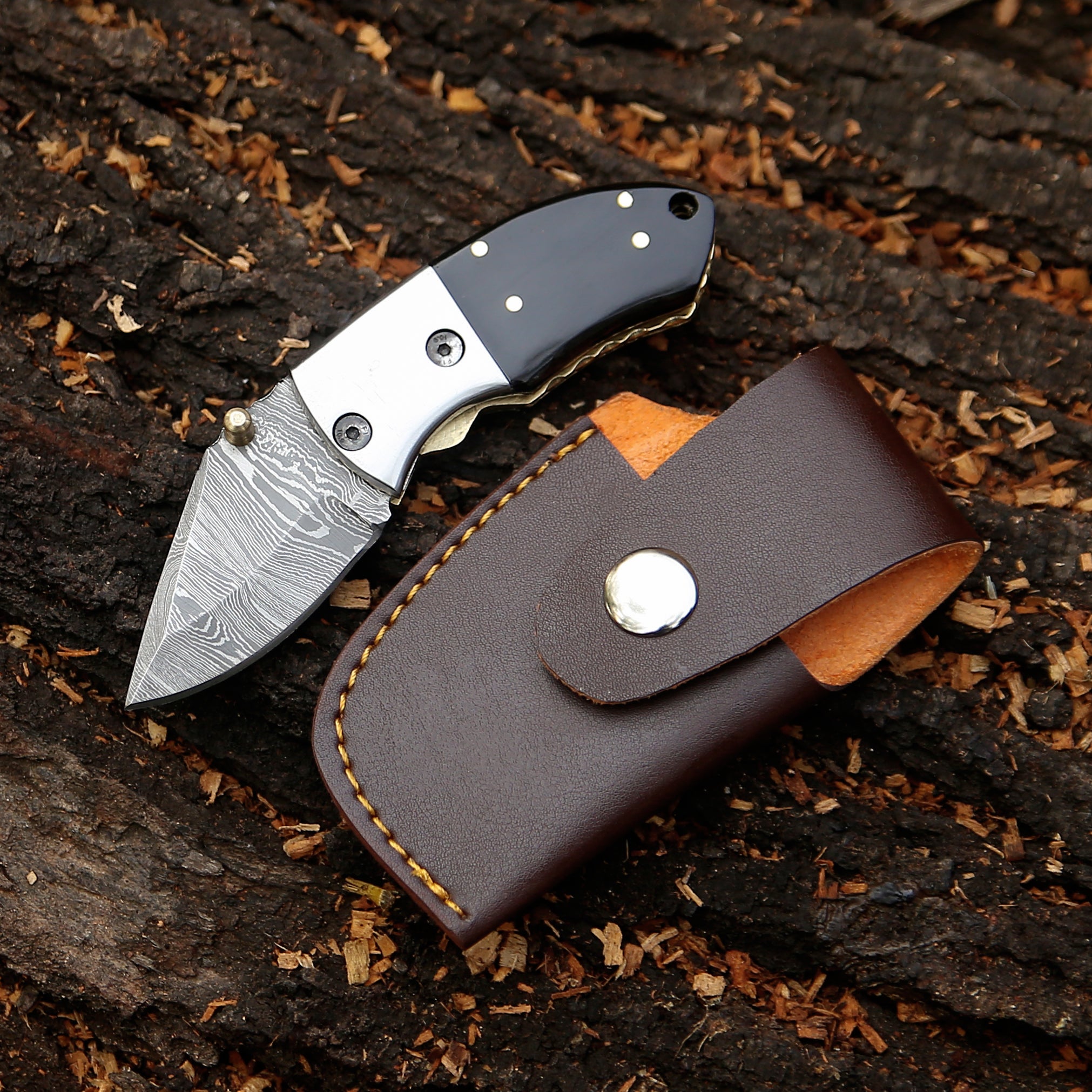 Handmade Damascus Steel Mini Pocket Knife, Black Horn Handle, Small Folding Knife, Groomsman Gift Anniversary gift