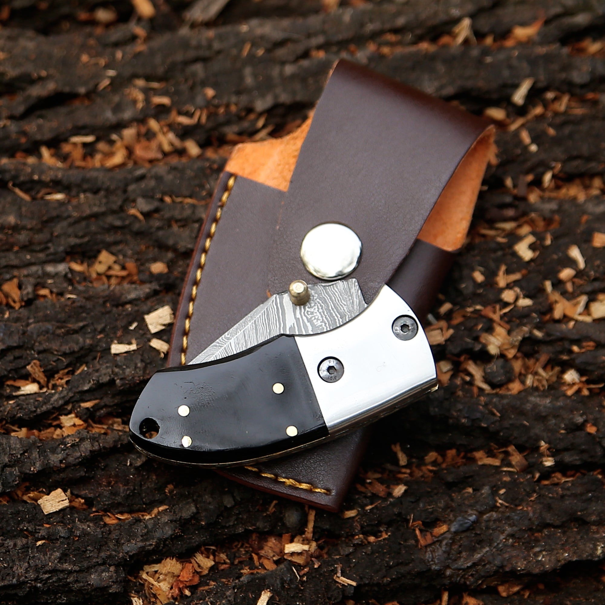 Handmade Damascus Steel Mini Pocket Knife, Black Horn Handle, Small Folding Knife, Groomsman Gift Anniversary gift