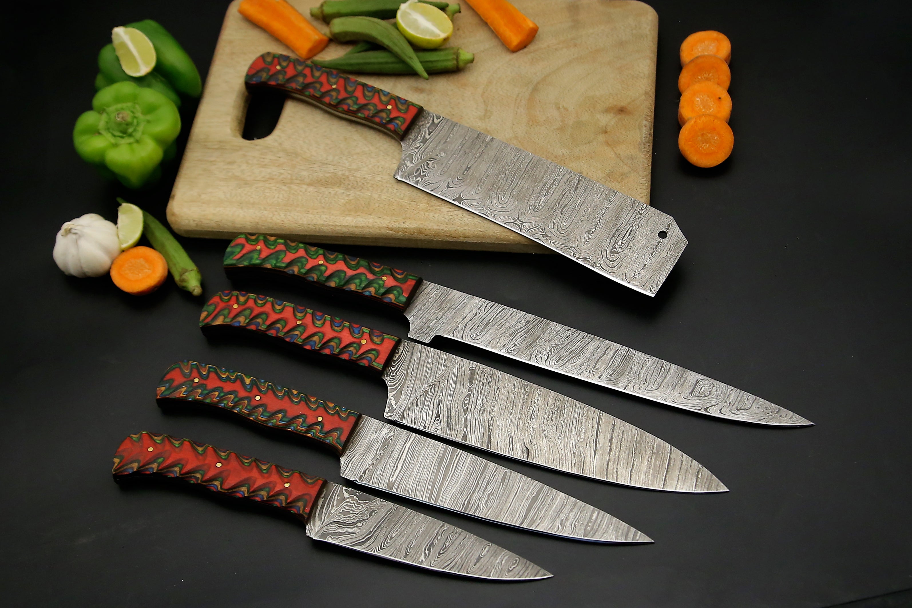 5 PCS Custom Handmade Damascus steel Chef Knife set With Red wood Kitchen Knives With Leather roll Kit Camping hunting EDC Outdoor Knives Sharp cutting Edge.