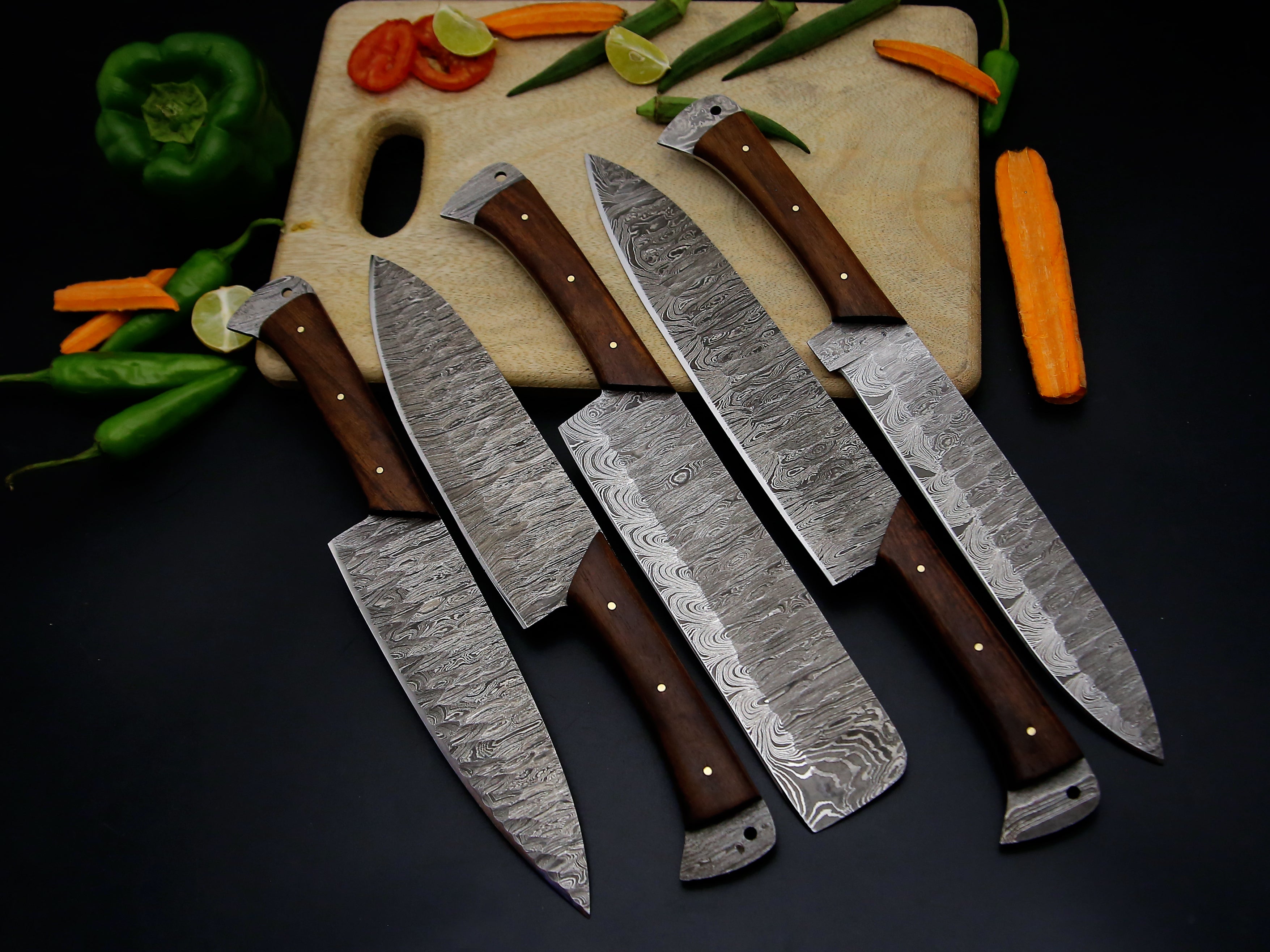 Best Selling Full Tang Rosewood Handle Damascus Steel Chef Kitchen Knife Set Of 5 PCS with Leather Kit file work on the blade sharp cutting edge .