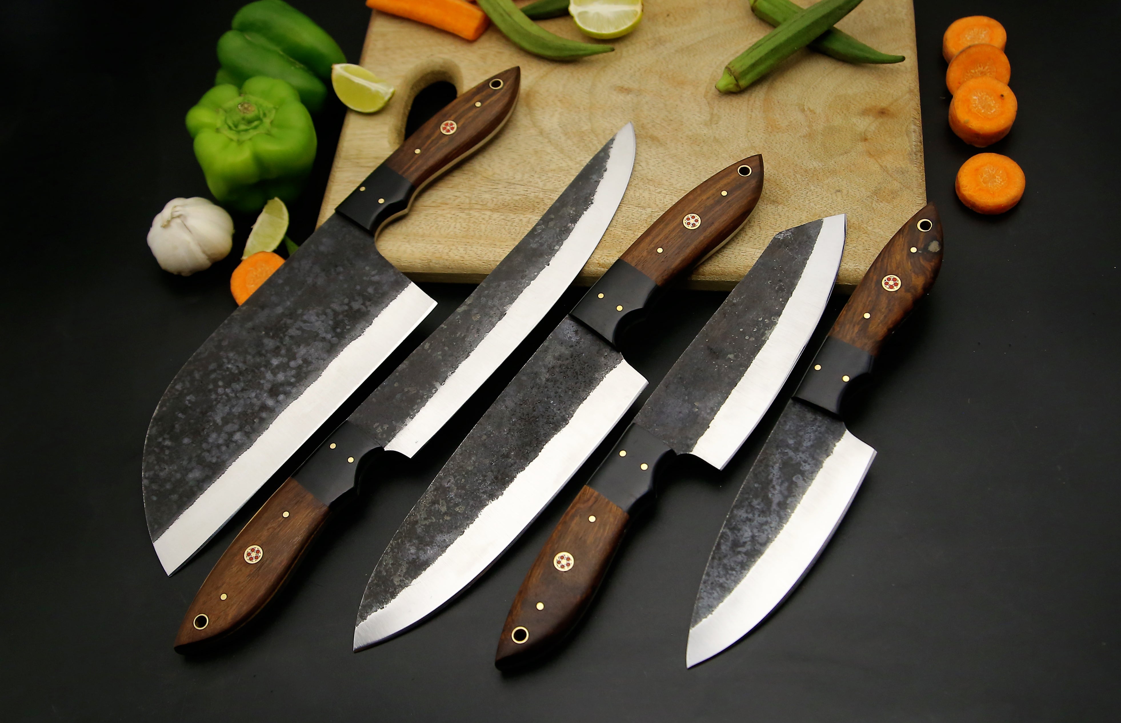 Best Selling Handmade High Carbon steel Chef Knife set of 5 PCS Rosewood Black Horn Handle Kitchen Knives Camping Hunting EDC Knives with Leather roll Kit.