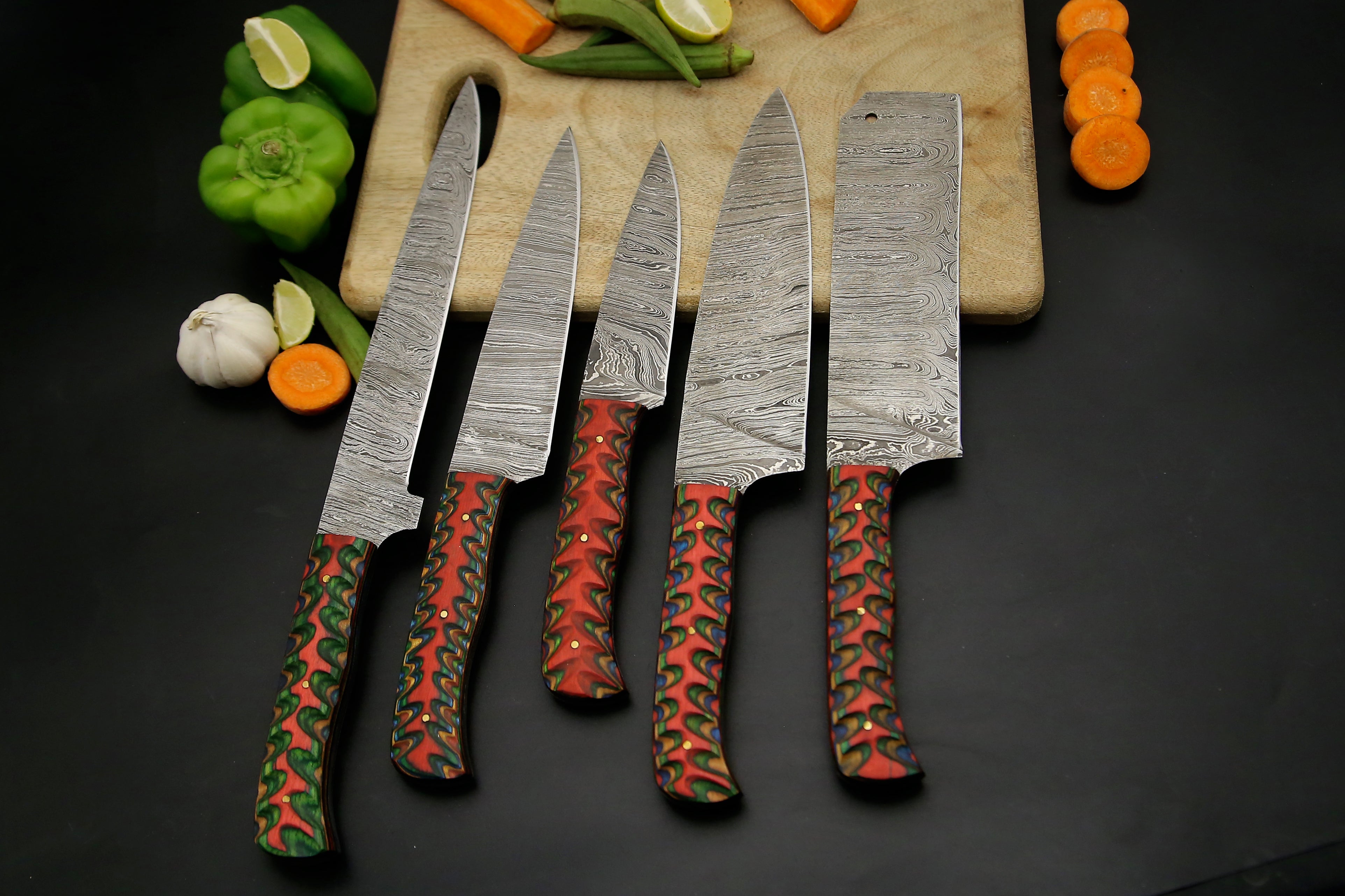 5 PCS Custom Handmade Damascus steel Chef Knife set With Red wood Kitchen Knives With Leather roll Kit Camping hunting EDC Outdoor Knives Sharp cutting Edge.