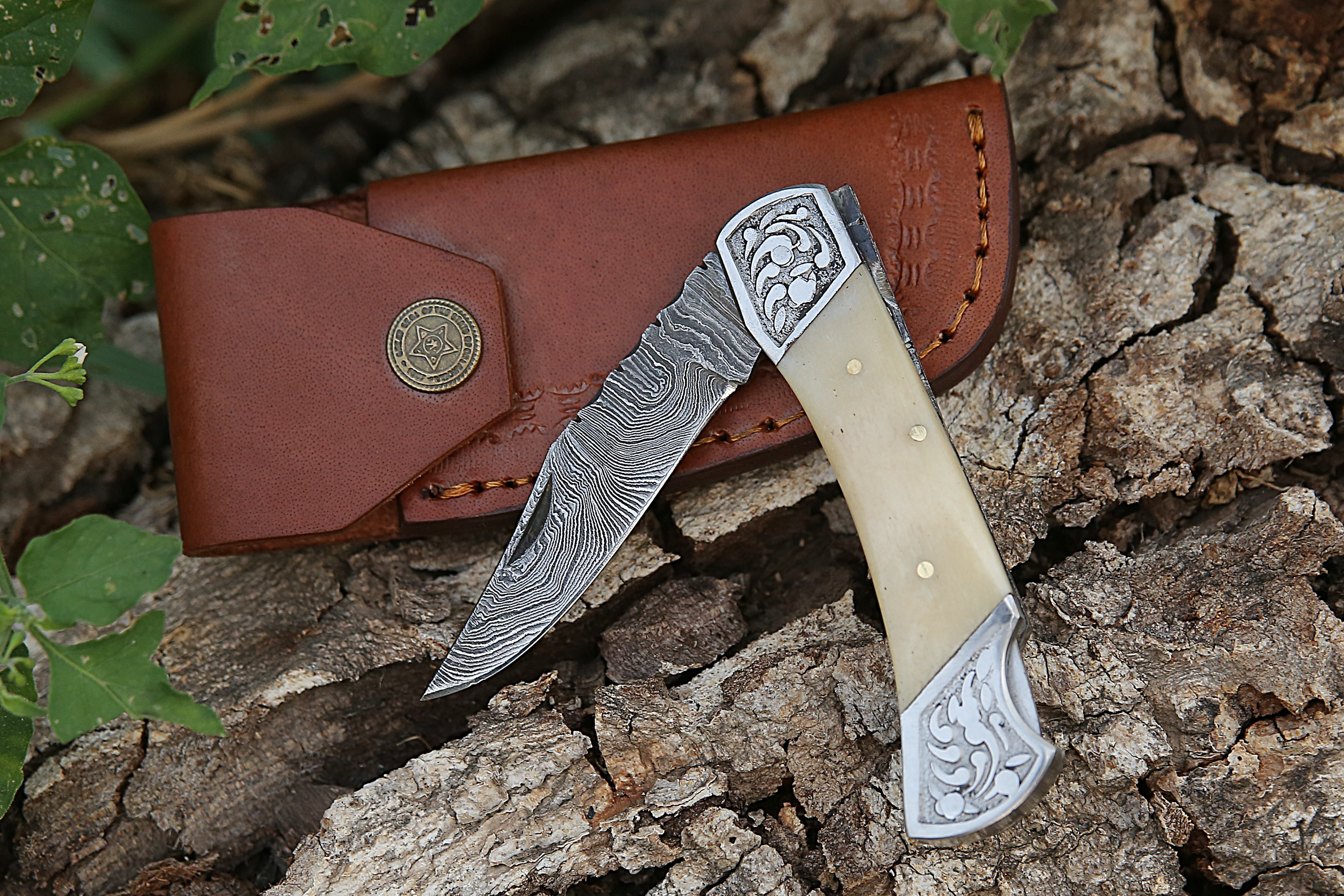 Damascus steel Back Lock Pocket Knife With engraved steel White Bone Handle Camping Hunting Skinner EDC Folding Knife with Leather Pouch.