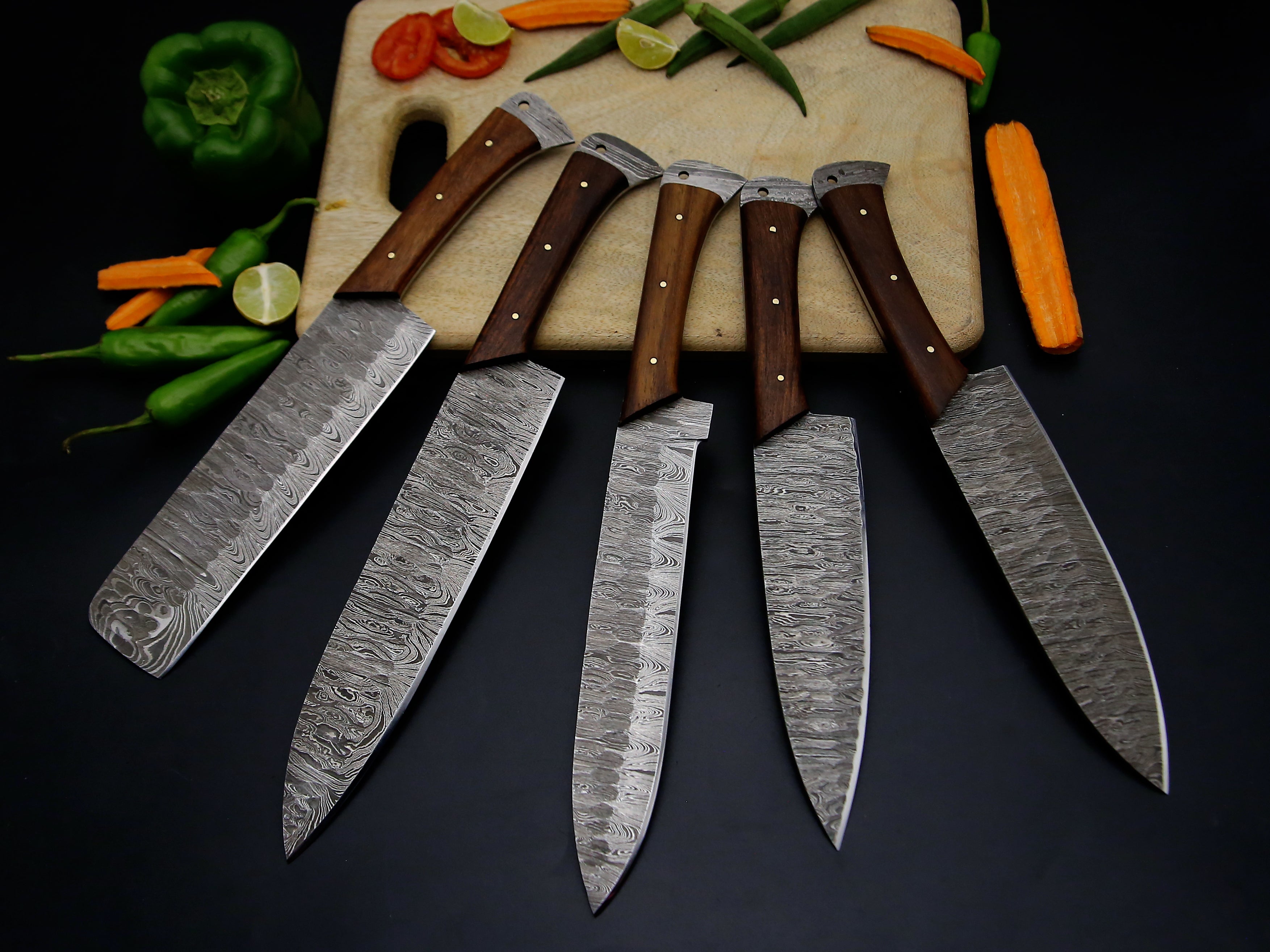 Best Selling Full Tang Rosewood Handle Damascus Steel Chef Kitchen Knife Set Of 5 PCS with Leather Kit file work on the blade sharp cutting edge .