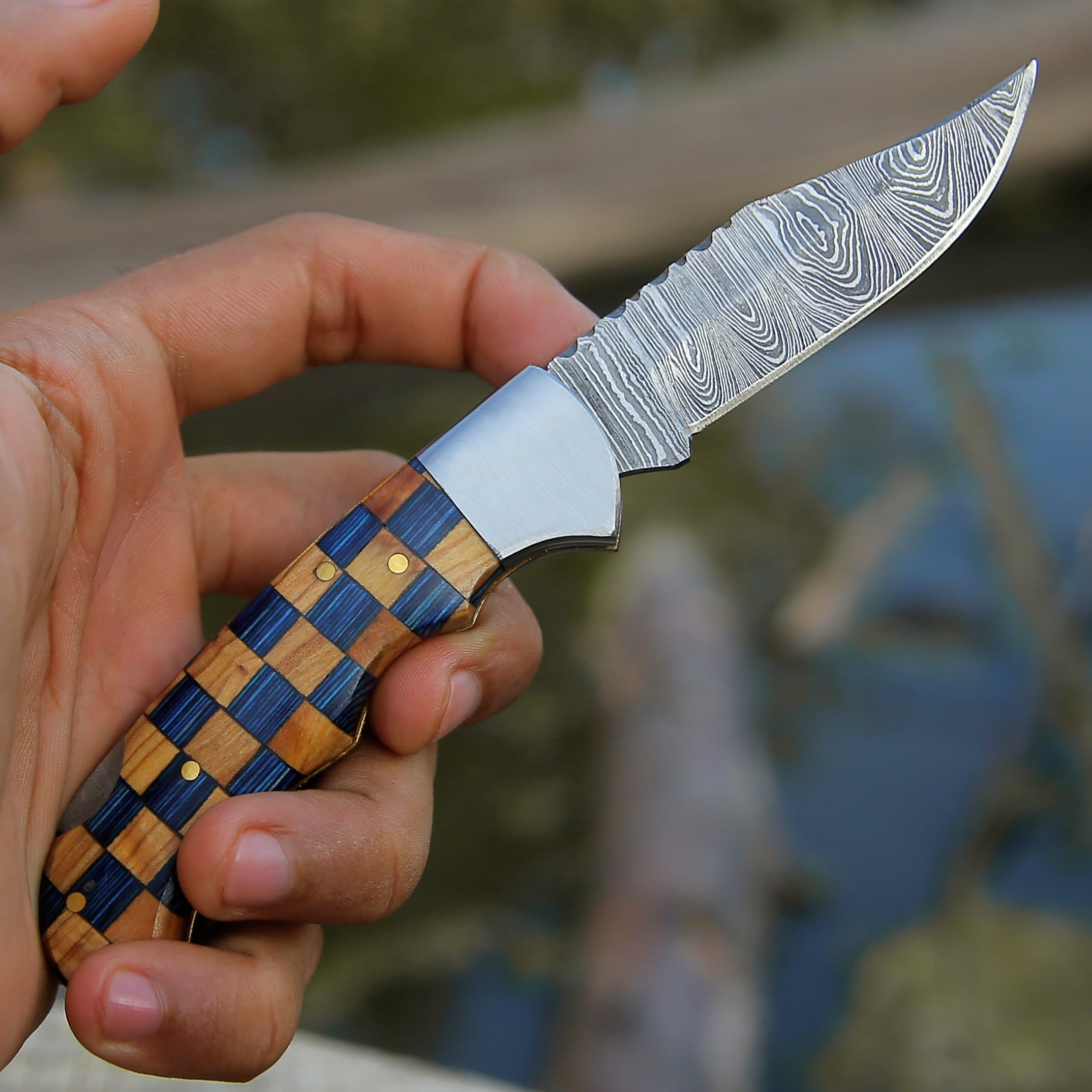 7" personalized Handmade Damascus steel Pocket Knife Multicolor Wood Handle Folding Knife Best for survival Camping Hunting fishing Tools Best Gift for Your Love once.