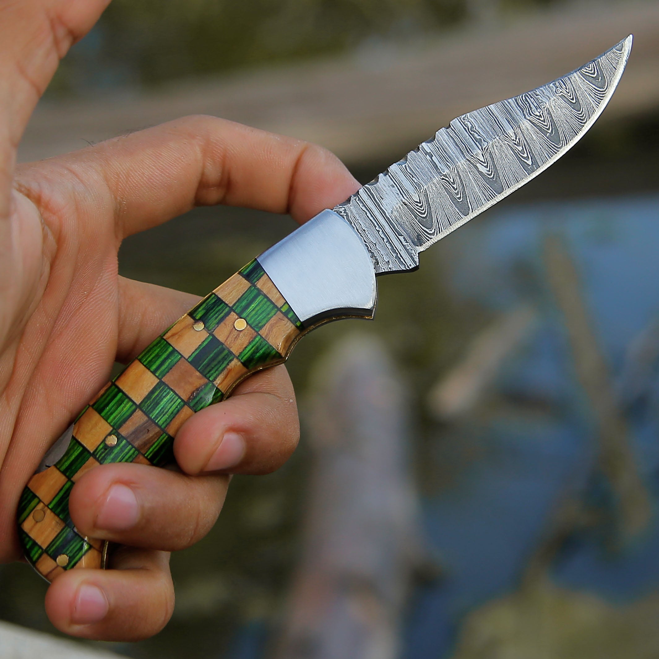 Handmade Damascus Pocket Knife Olivewood & Green wood Handle Folding Knife Best camping EDC Knife Back Lock Hunting Skinner Knife with Leather Pouch