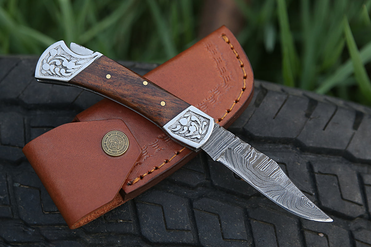 3" Blade Handmade Damascus steel Back Lock Pocket knife, Rosewood Handle Folding knife with Leather pouch, Birthday Gift for Men