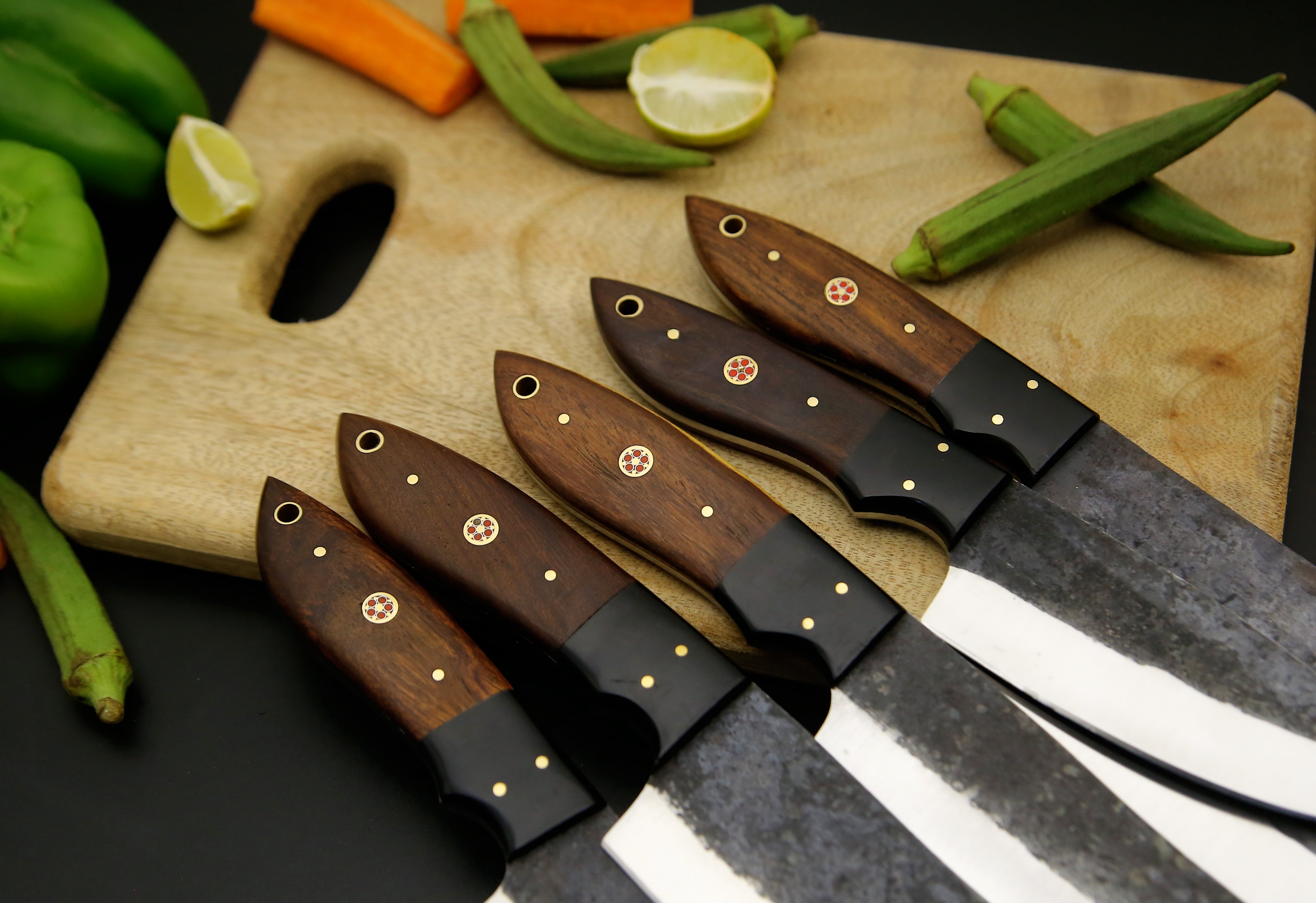 Best Selling Handmade High Carbon steel Chef Knife set of 5 PCS Rosewood Black Horn Handle Kitchen Knives Camping Hunting EDC Knives with Leather roll Kit.