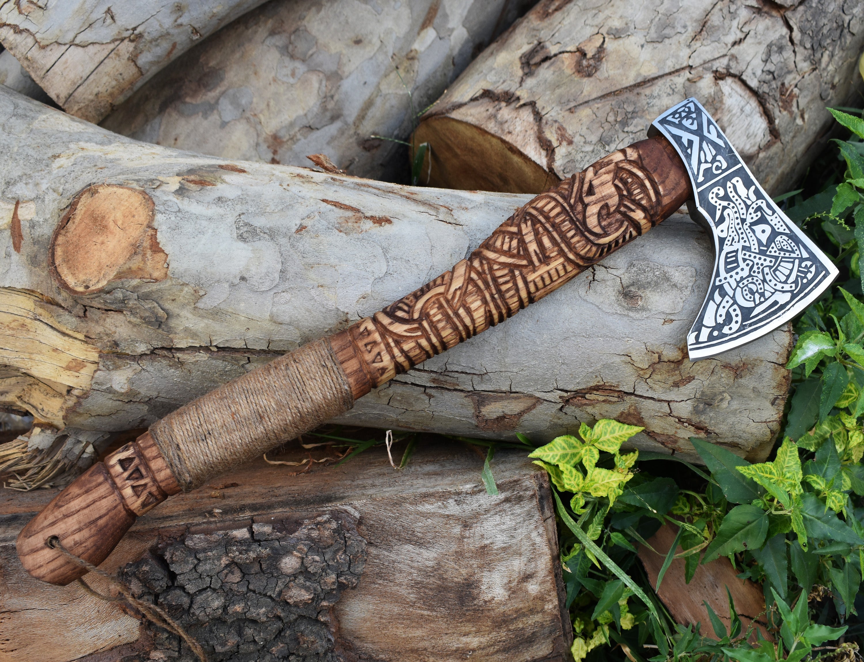 Engraved Viking Axe | Hand-Forged Norse Hatchet | Custom Nordic Weapon for Gift or Display Ash wood Handle with Leather Pouch.