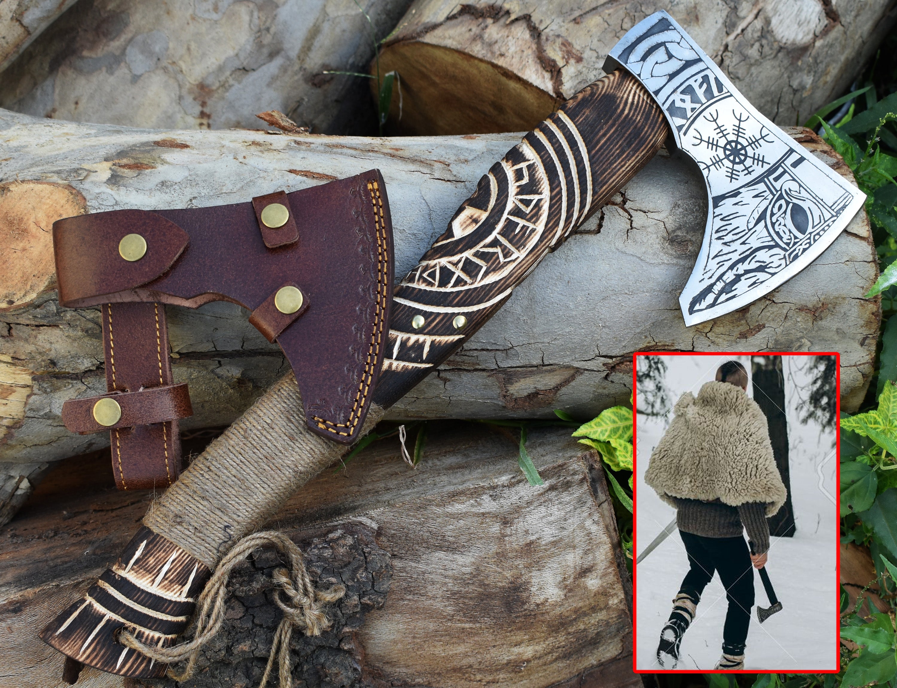 Custom Viking axe handcrafted from high-carbon steel with Norse designs. Perfect for gifting, display, cosplay, or outdoor use.