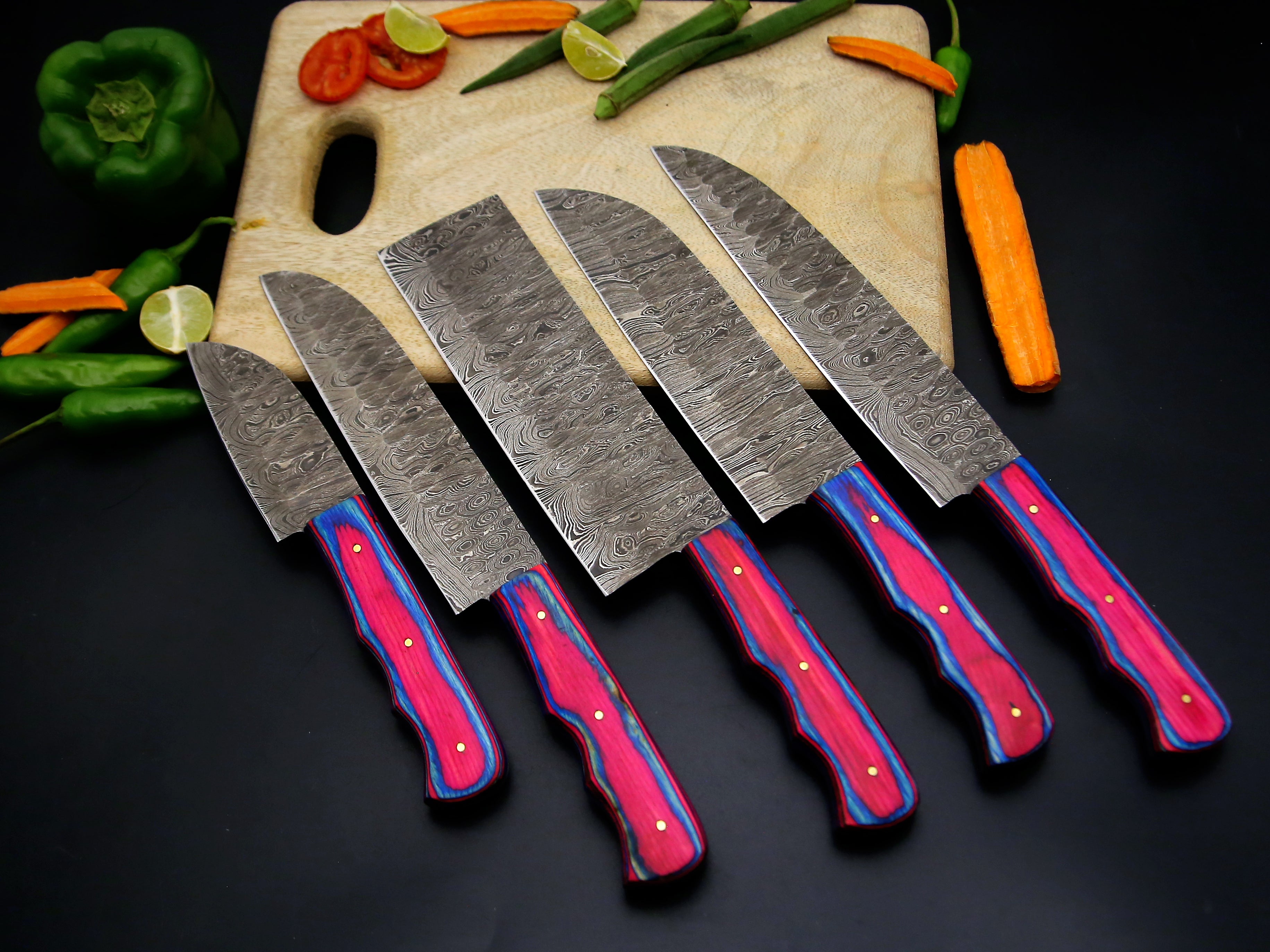 Personalized Handmade Damascus Steel Kitchen Knife Set Of 5 PCS Multi Color Dollar Handle Chef Knife With Leather Roll Kit.