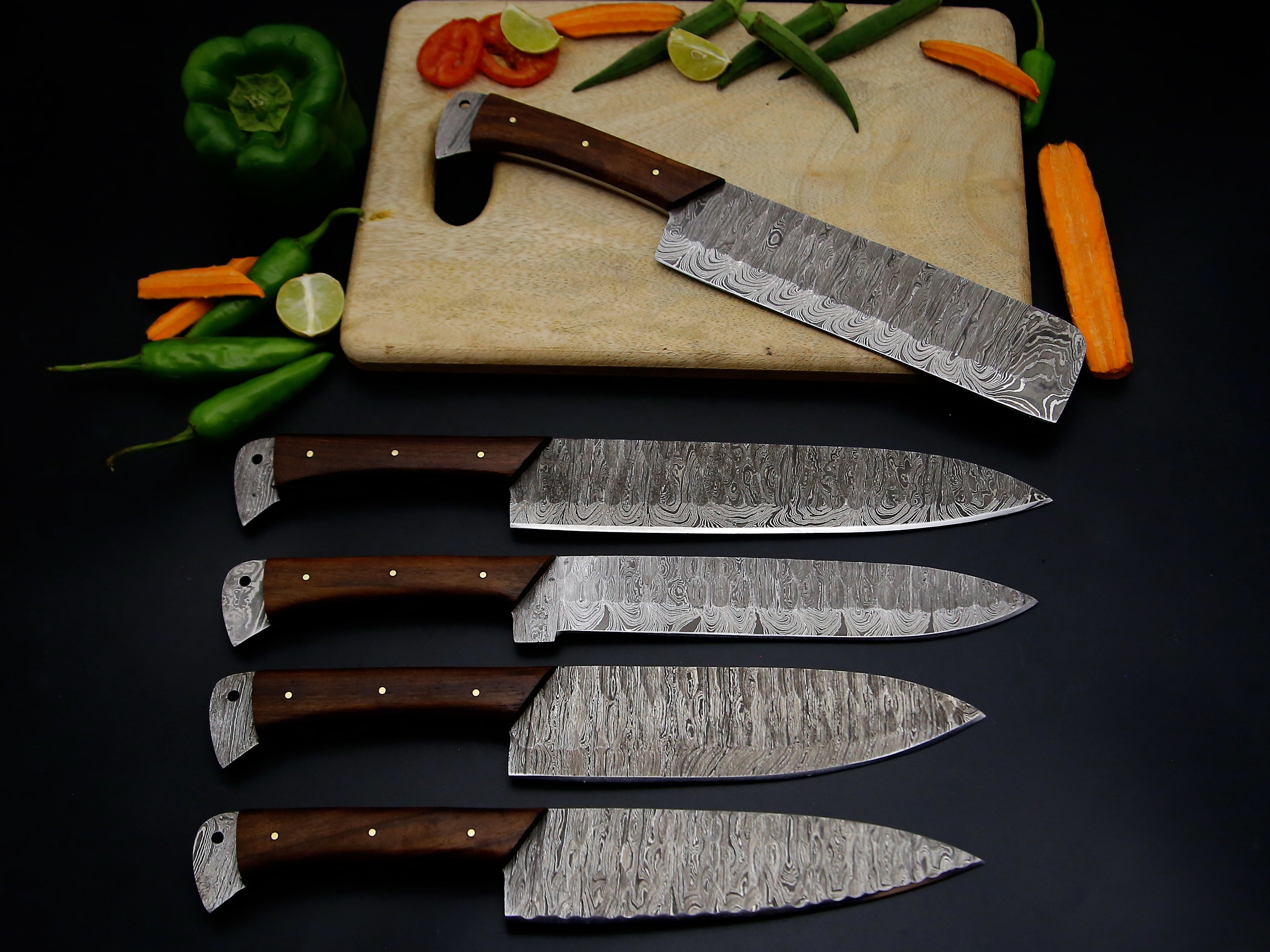 Best Selling Full Tang Rosewood Handle Damascus Steel Chef Kitchen Knife Set Of 5 PCS with Leather Kit file work on the blade sharp cutting edge .