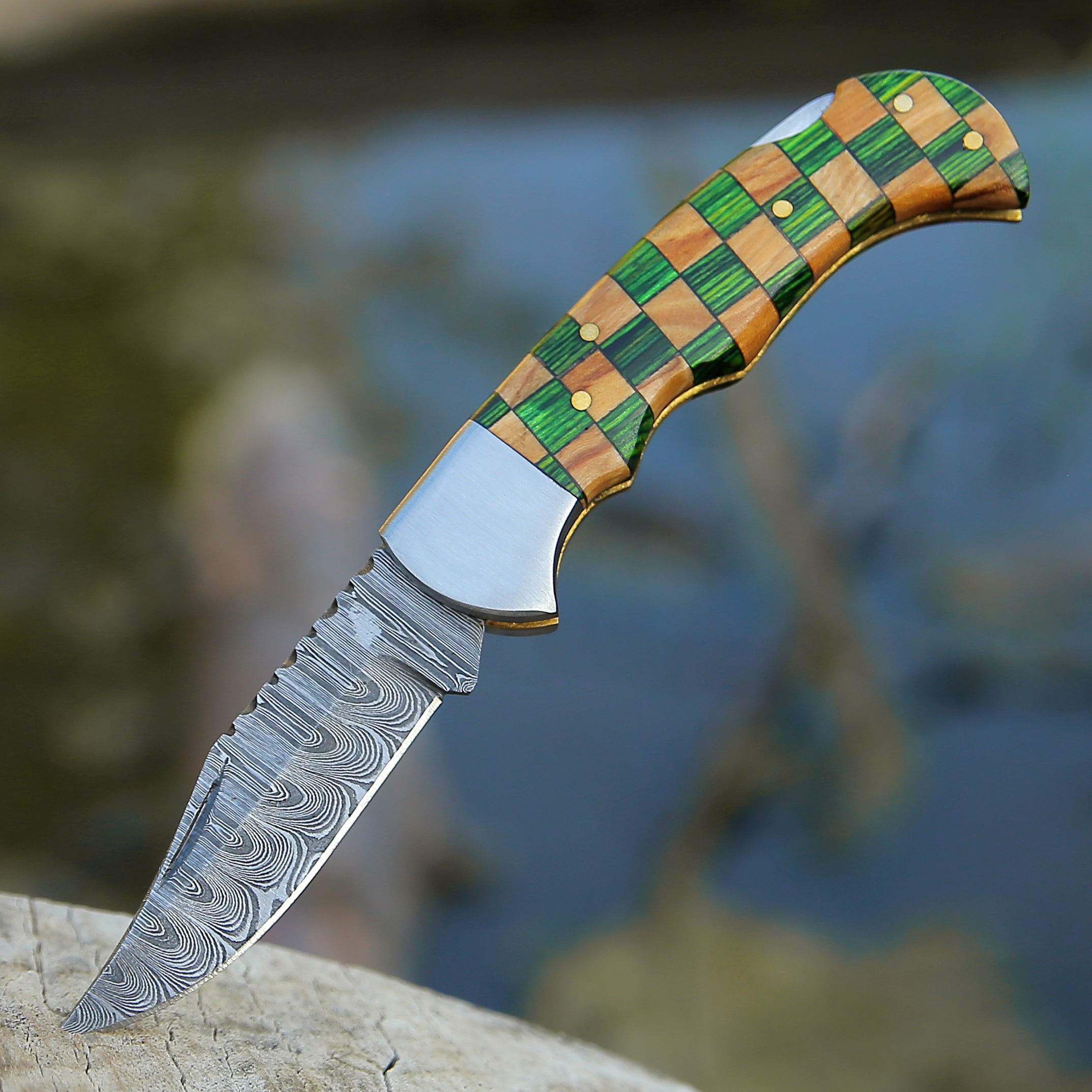 Handmade Damascus Pocket Knife Olivewood & Green wood Handle Folding Knife Best camping EDC Knife Back Lock Hunting Skinner Knife with Leather Pouch