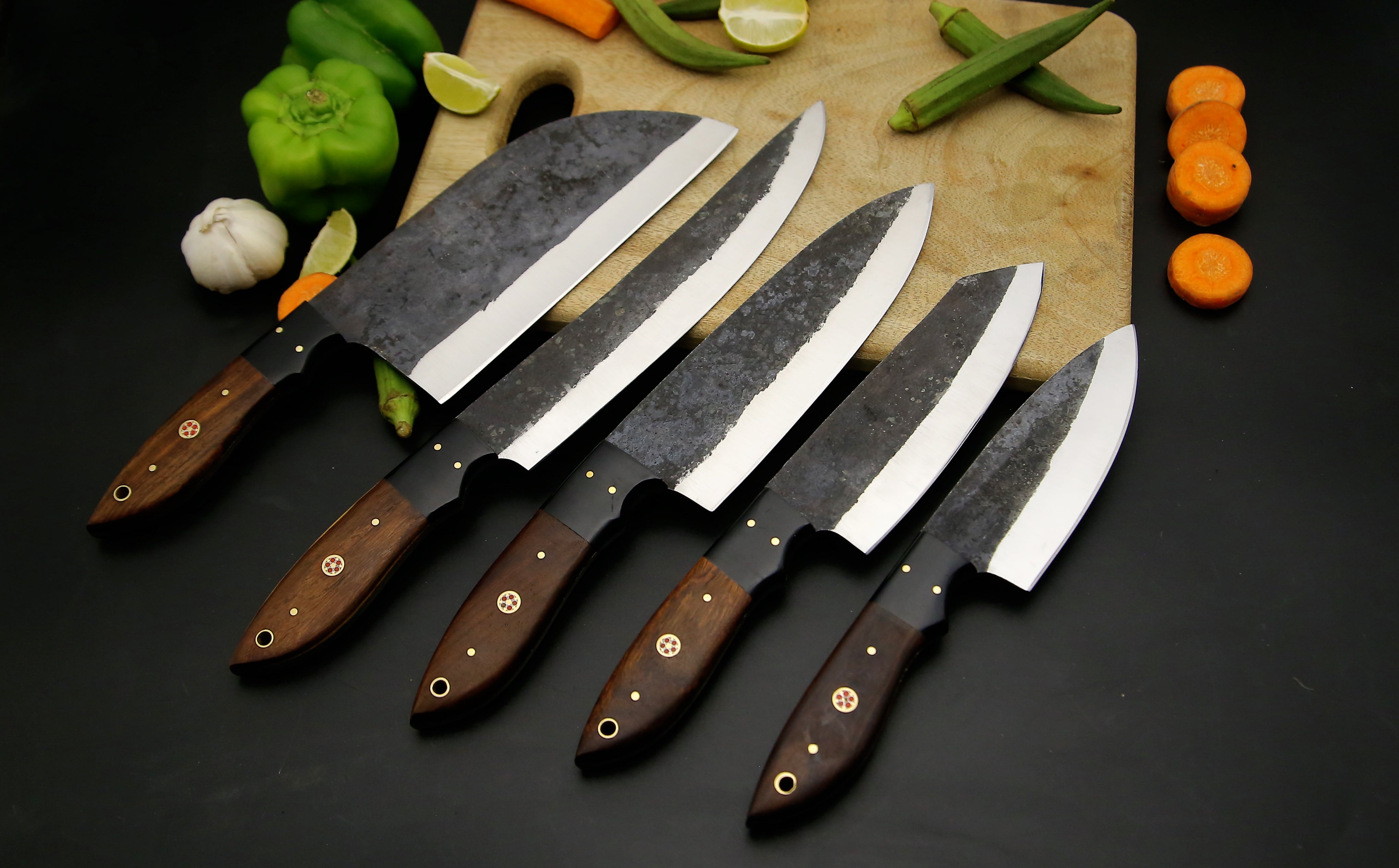 Best Selling Handmade High Carbon steel Chef Knife set of 5 PCS Rosewood Black Horn Handle Kitchen Knives Camping Hunting EDC Knives with Leather roll Kit.