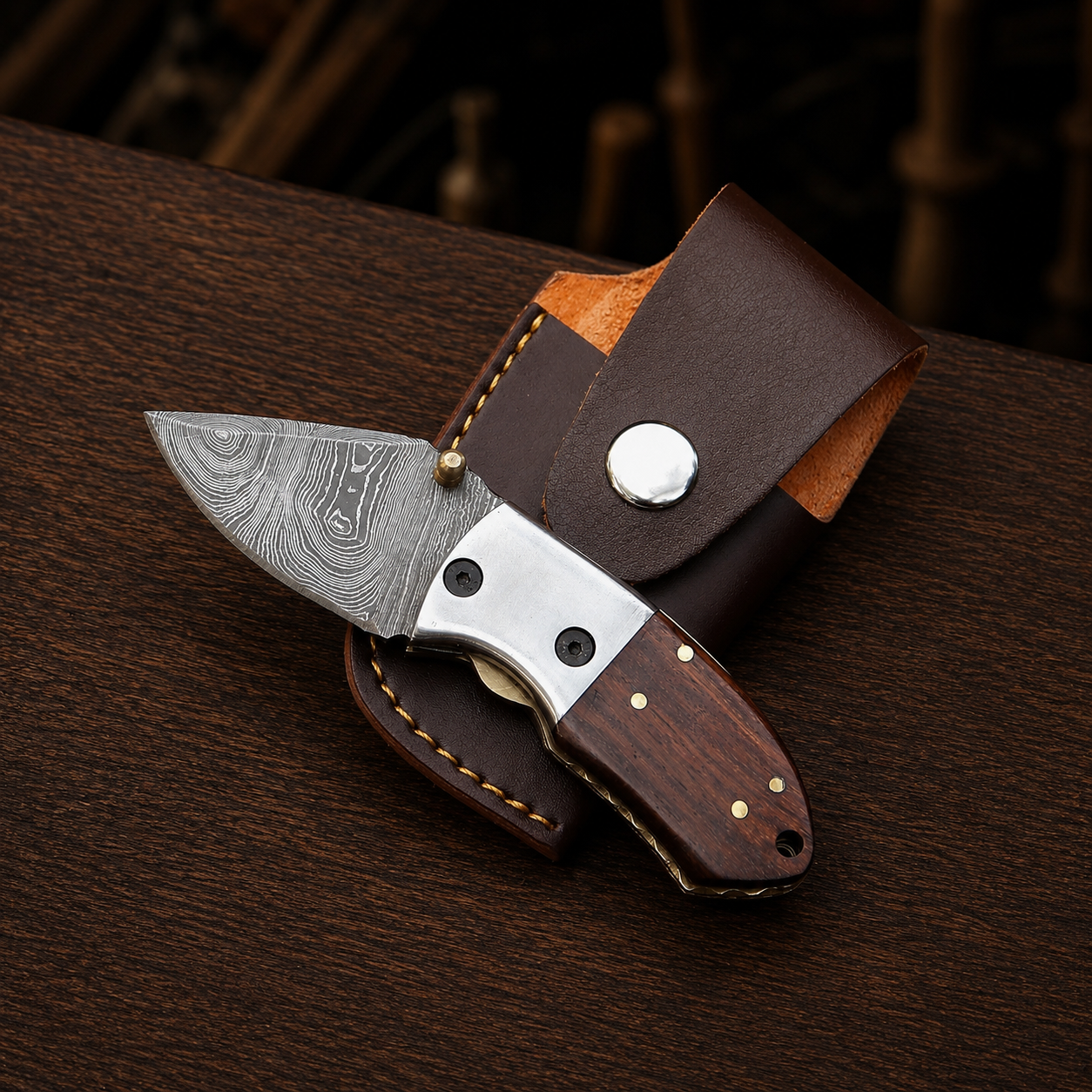 Handmade Damascus Mini Pocket Knife, Rosewood Handle, Small Folding Knife, Groomsman Gift