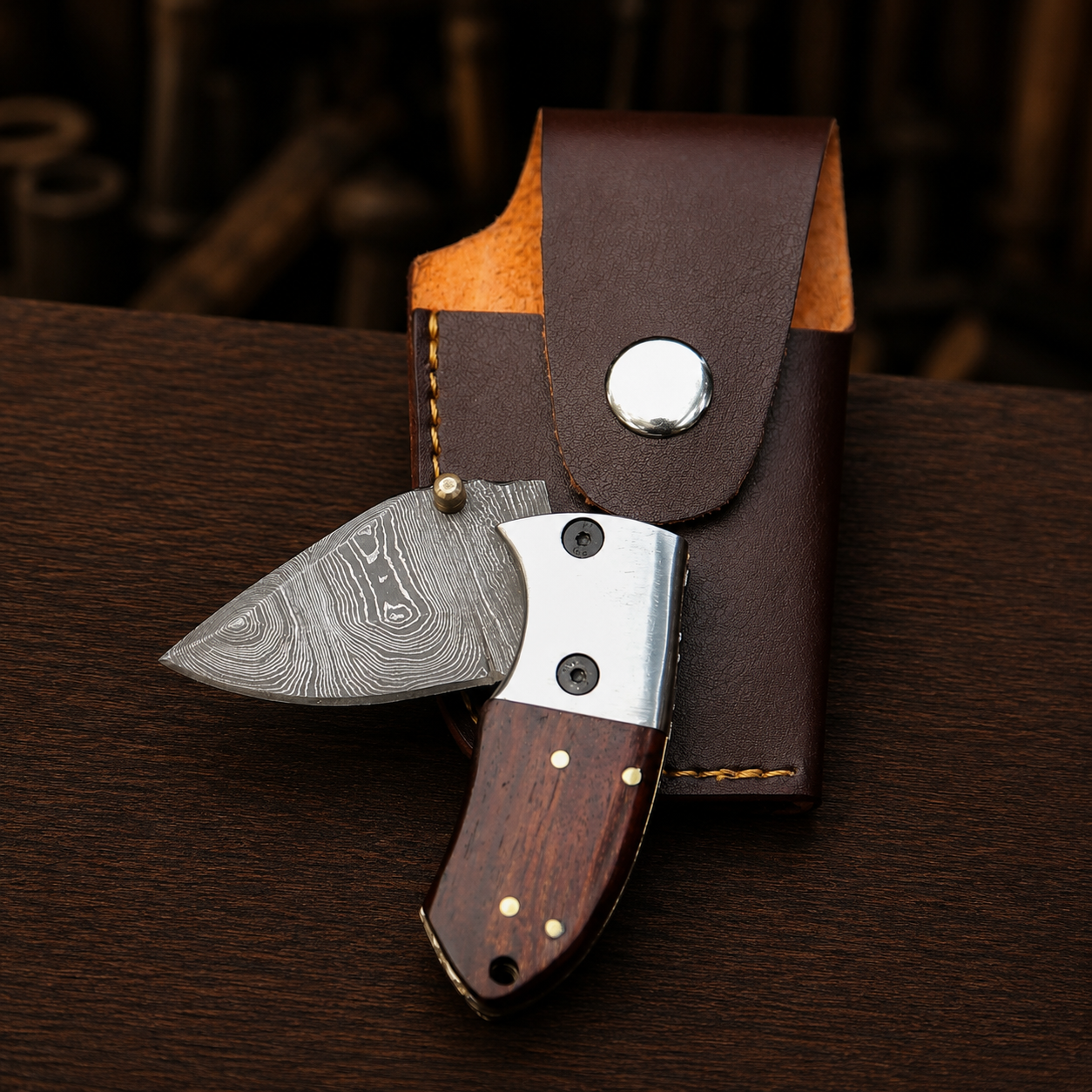 Handmade Damascus Mini Pocket Knife, Rosewood Handle, Small Folding Knife, Groomsman Gift