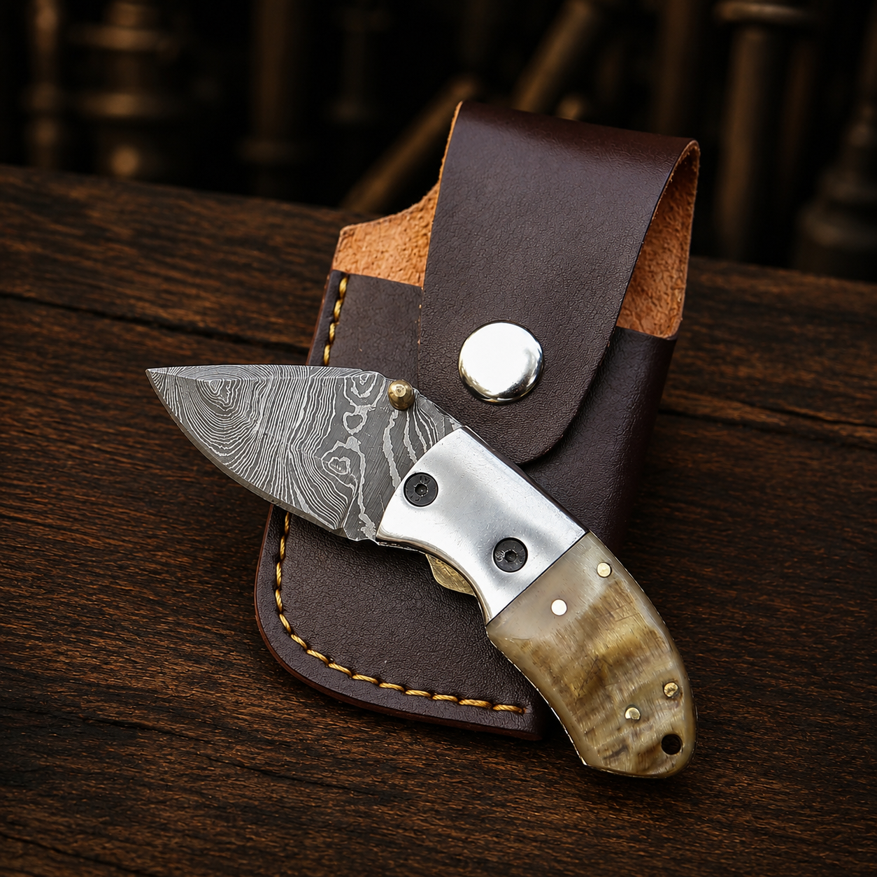 Handmade Damascus Mini Pocket Knife, Ram Horn Handle, Small Folding Knife, Groomsman Gift Birthday Gift