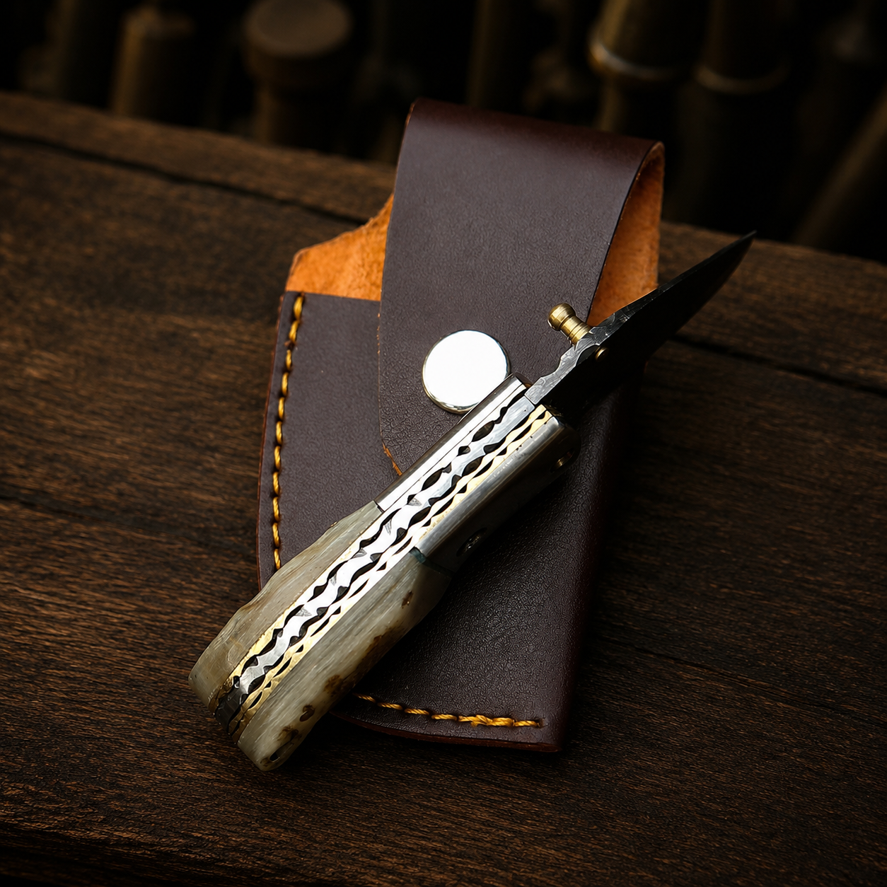 Handmade Damascus Mini Pocket Knife, Ram Horn Handle, Small Folding Knife, Groomsman Gift Birthday Gift