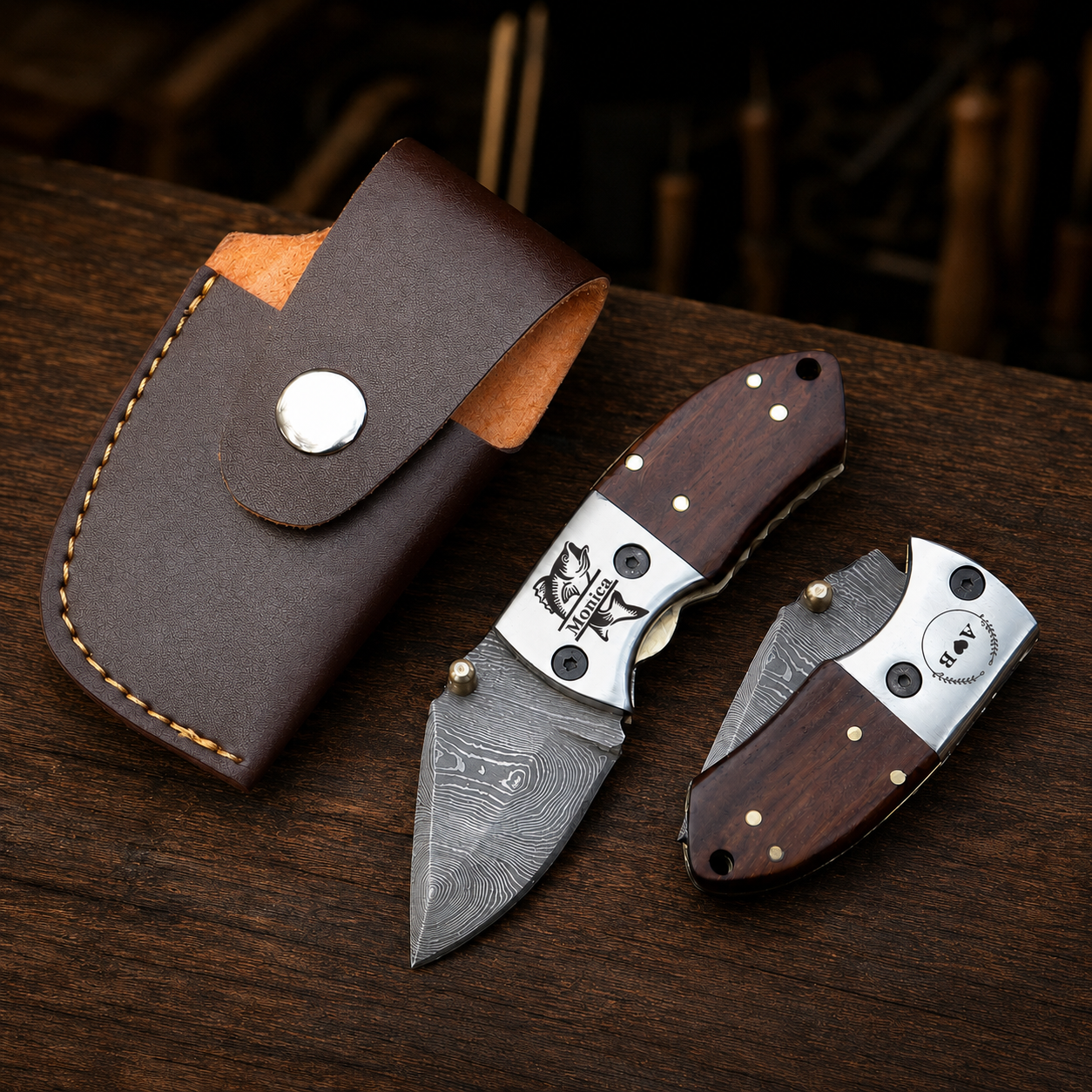 Handmade Damascus Mini Pocket Knife, Rosewood Handle, Small Folding Knife, Groomsman Gift