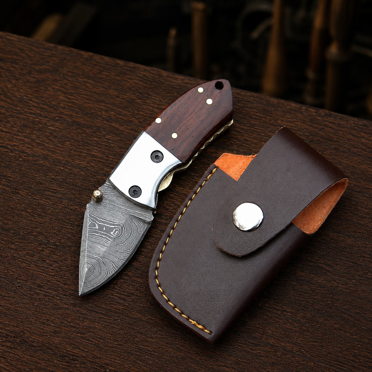 Handmade Damascus Mini Pocket Knife, Rosewood Handle, Small Folding Knife, Groomsman Gift